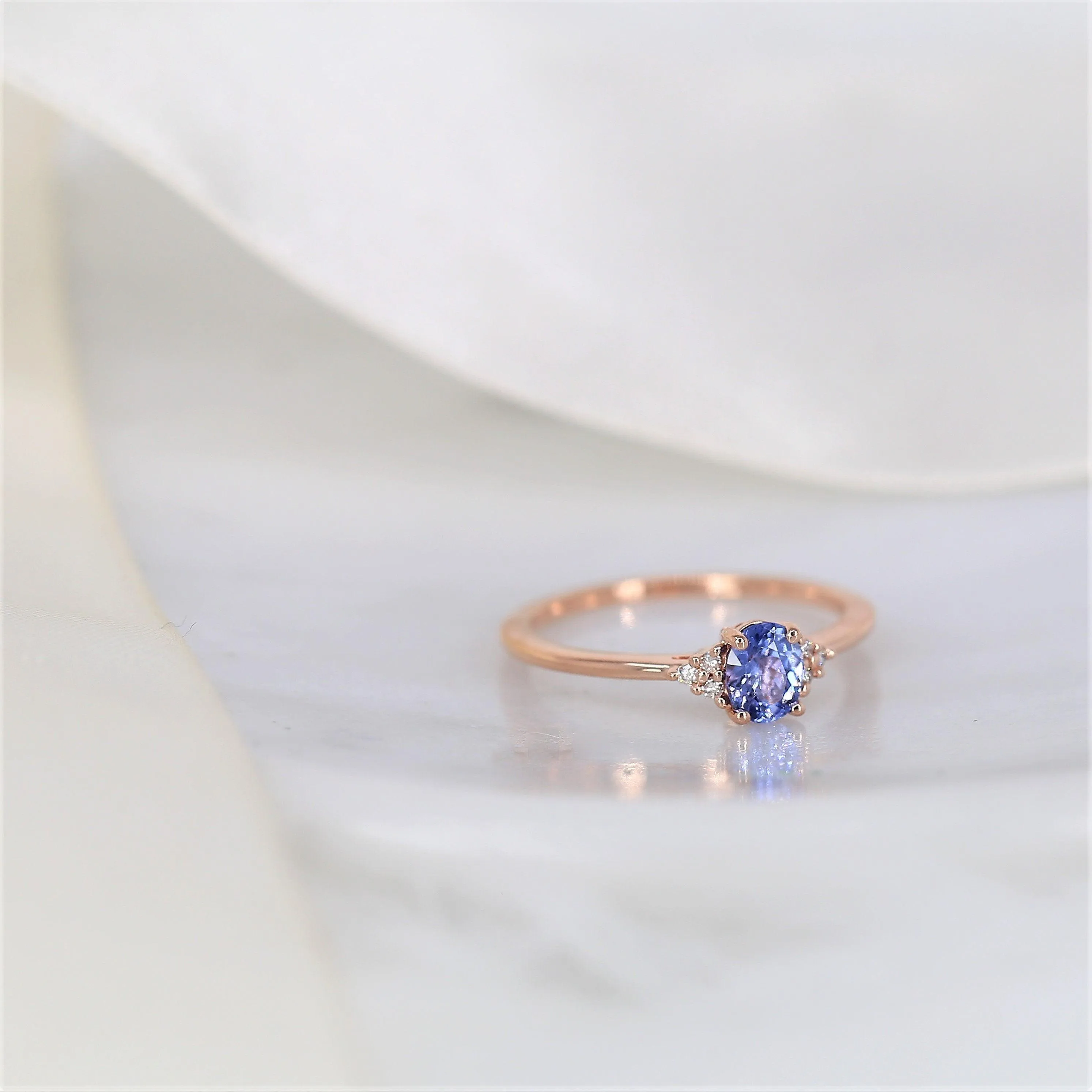 0.48ct Juniper 14kt Rose Gold Cornflower Lavender Sapphire Diamond Oval Cluster 3 Stone Ring