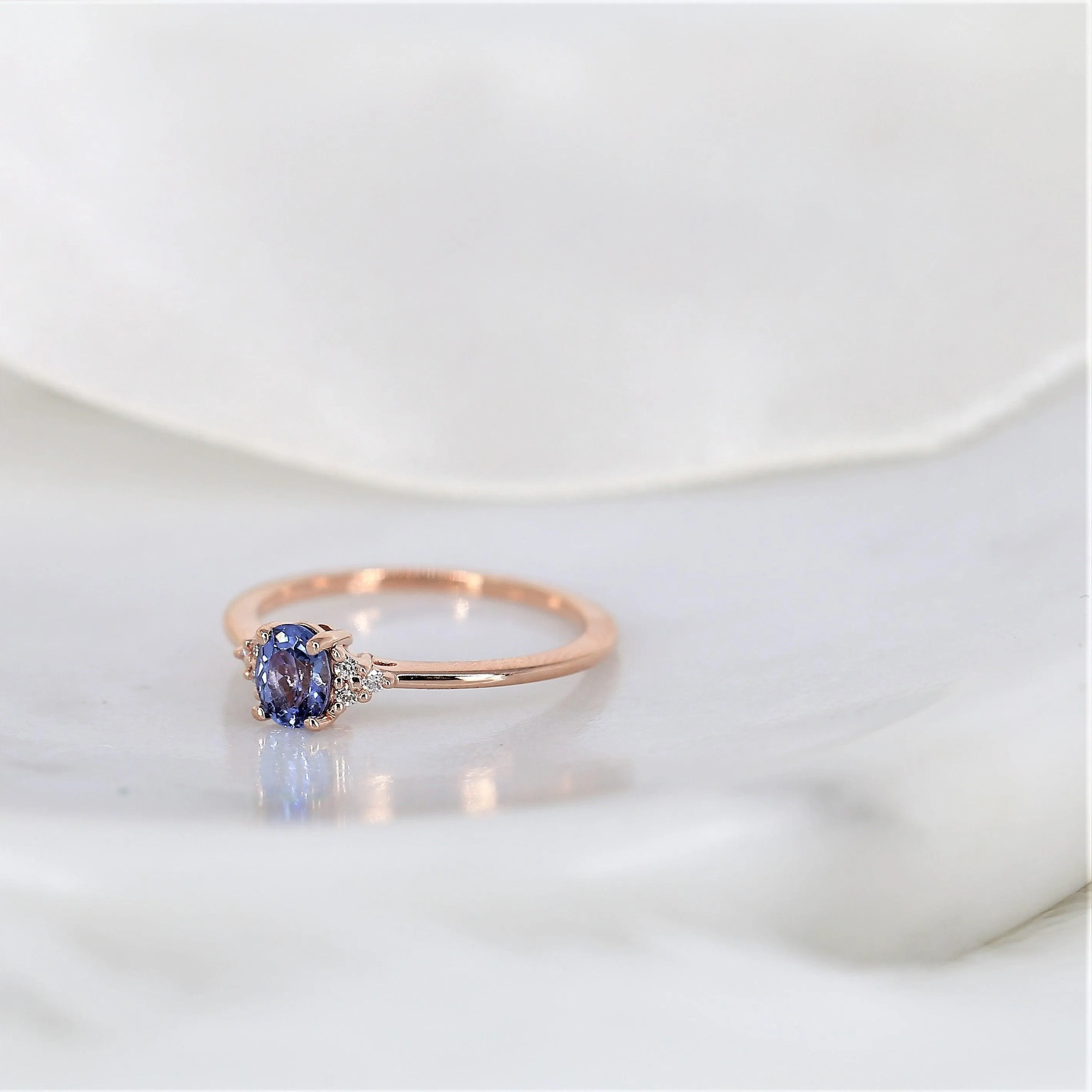 0.48ct Juniper 14kt Rose Gold Cornflower Lavender Sapphire Diamond Oval Cluster 3 Stone Ring