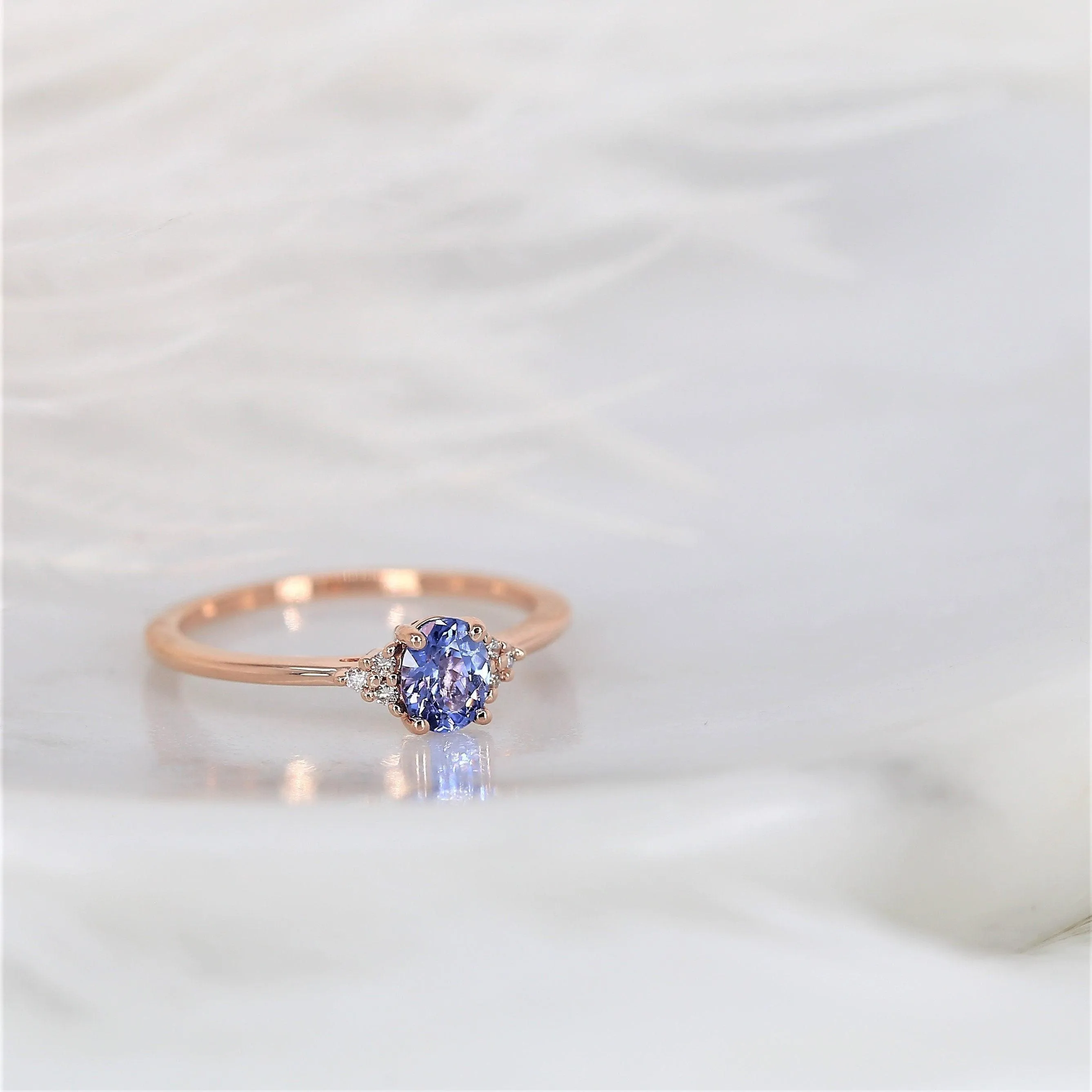 0.48ct Juniper 14kt Rose Gold Cornflower Lavender Sapphire Diamond Oval Cluster 3 Stone Ring