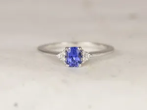 0.50ct Jada 14kt White Gold Ceylon Blue Sapphire Diamonds Dainty Cushion Cluster 3 Stone Unique Ring