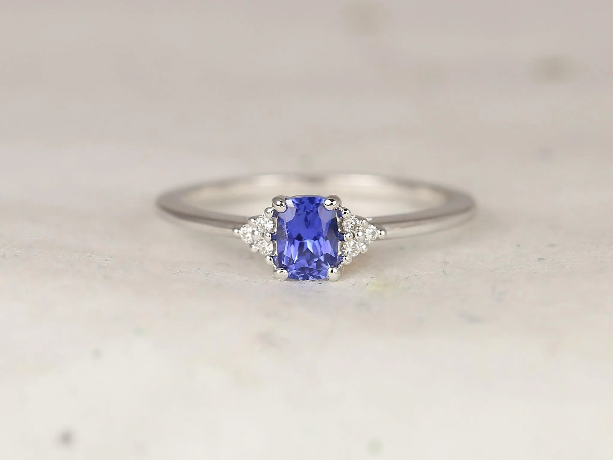 0.50ct Jada 14kt White Gold Ceylon Blue Sapphire Diamonds Dainty Cushion Cluster 3 Stone Unique Ring