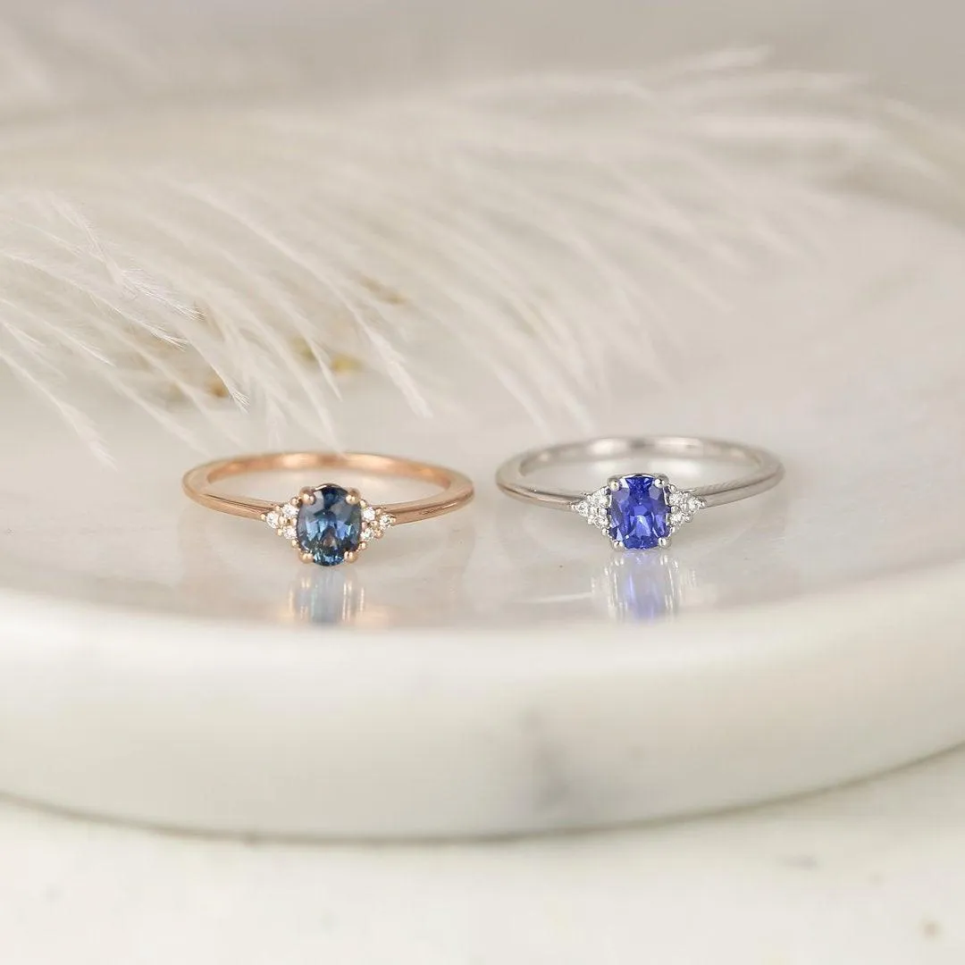 0.50ct Jada 14kt White Gold Ceylon Blue Sapphire Diamonds Dainty Cushion Cluster 3 Stone Unique Ring