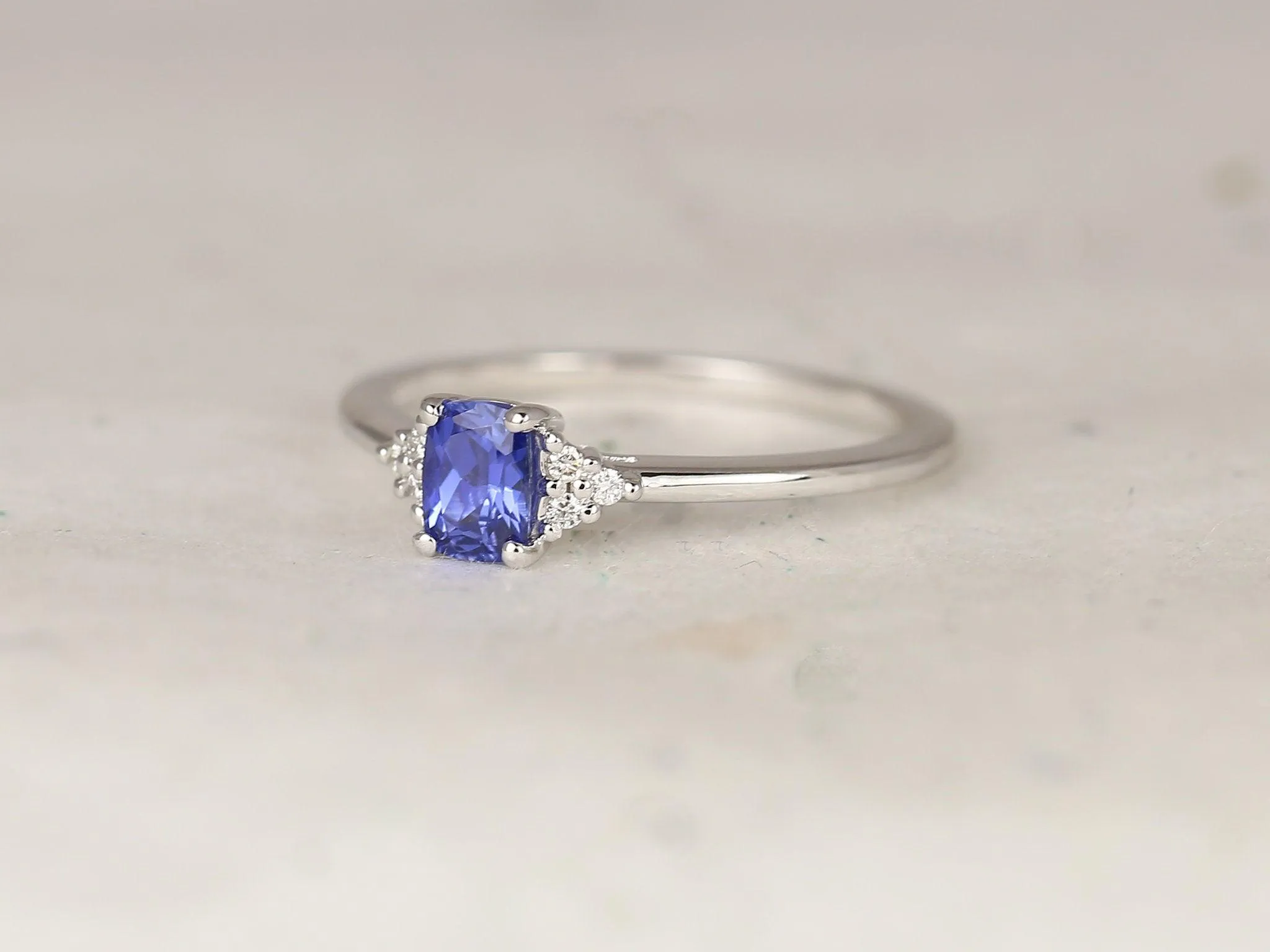 0.50ct Jada 14kt White Gold Ceylon Blue Sapphire Diamonds Dainty Cushion Cluster 3 Stone Unique Ring