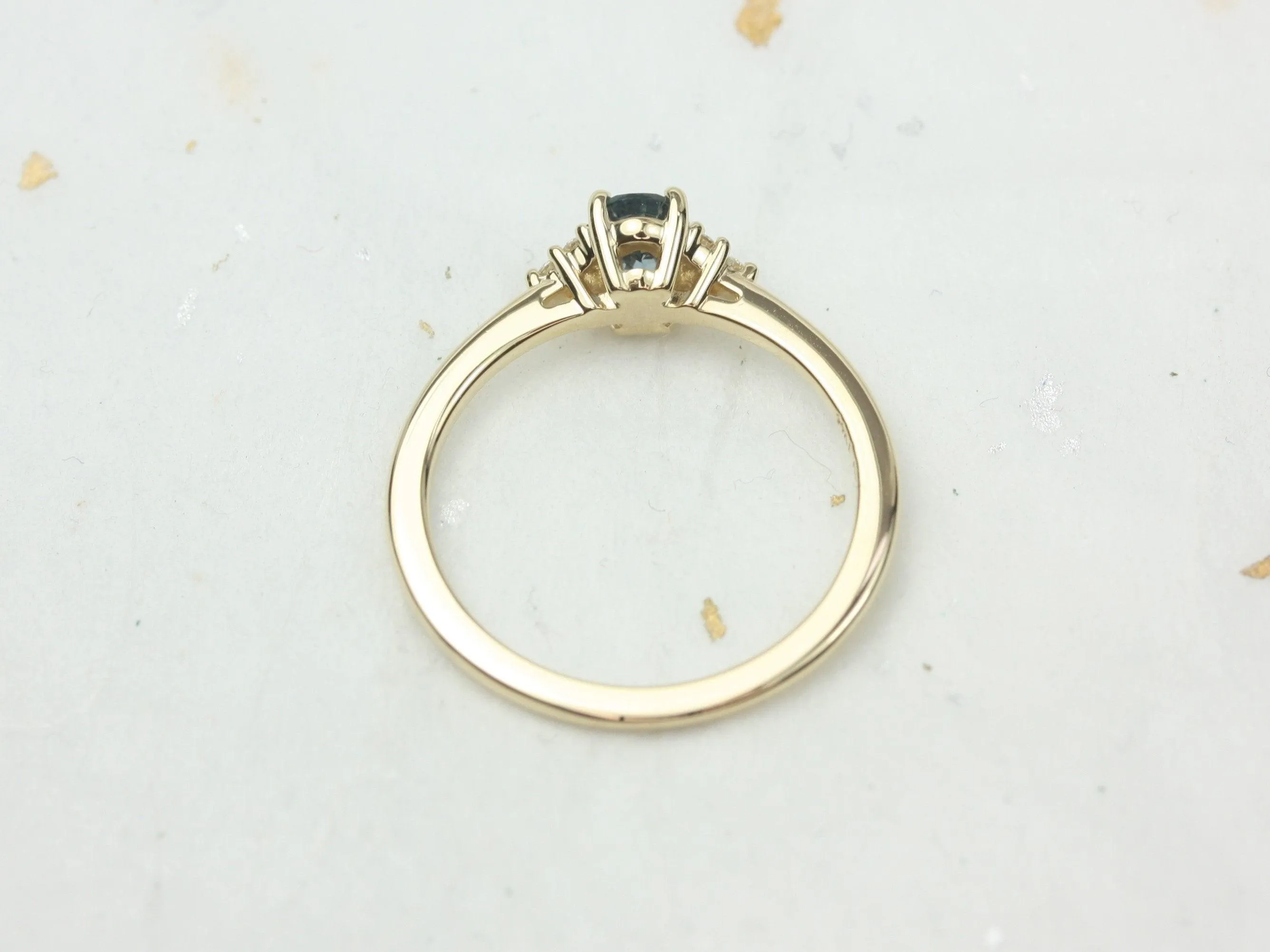 0.55ct Juniper 14kt Gold Ocean Blue Sapphire Diamond Dainty Oval Cluster 3 Stone Ring