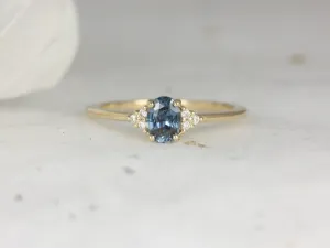 0.55ct Juniper 14kt Gold Ocean Blue Sapphire Diamond Dainty Oval Cluster 3 Stone Ring