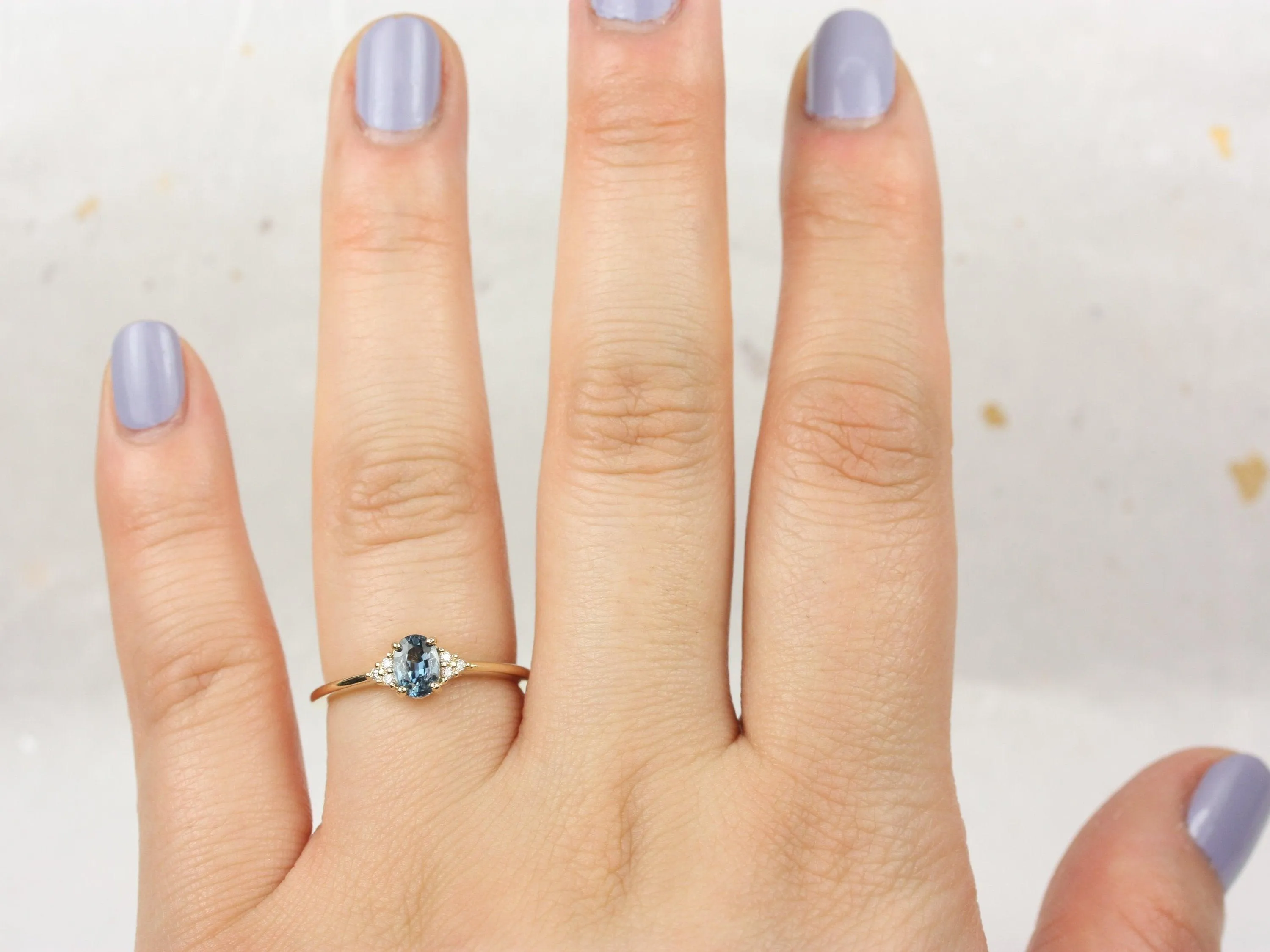 0.55ct Juniper 14kt Gold Ocean Blue Sapphire Diamond Dainty Oval Cluster 3 Stone Ring