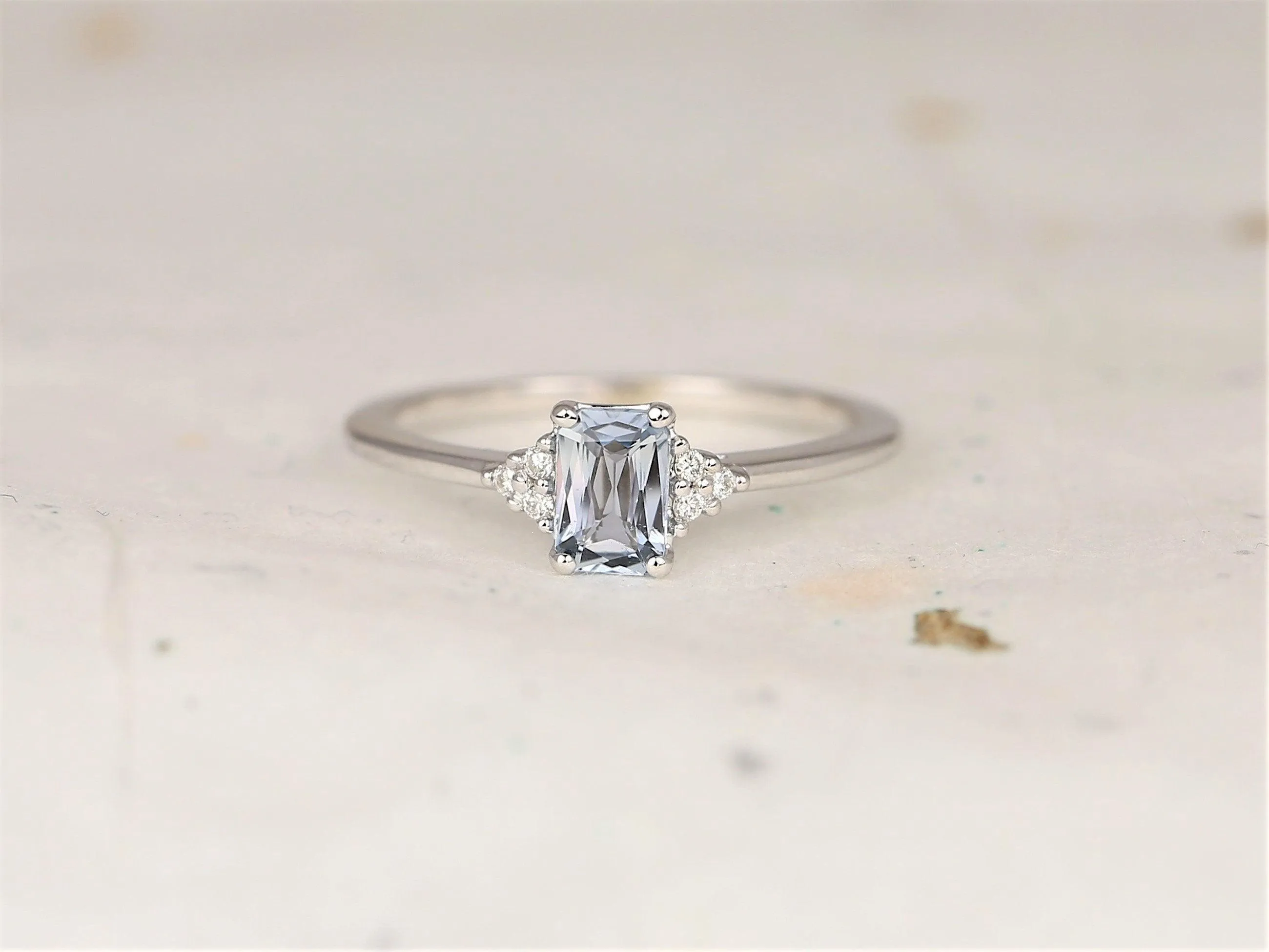 0.59ct Jada 14kt White Gold Cornflower Blue Sapphire Diamonds Dainty Emerald Cluster 3 Stone Unique Ring