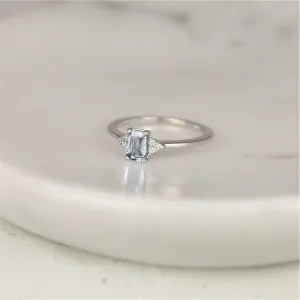 0.59ct Jada 14kt White Gold Cornflower Blue Sapphire Diamonds Dainty Emerald Cluster 3 Stone Unique Ring