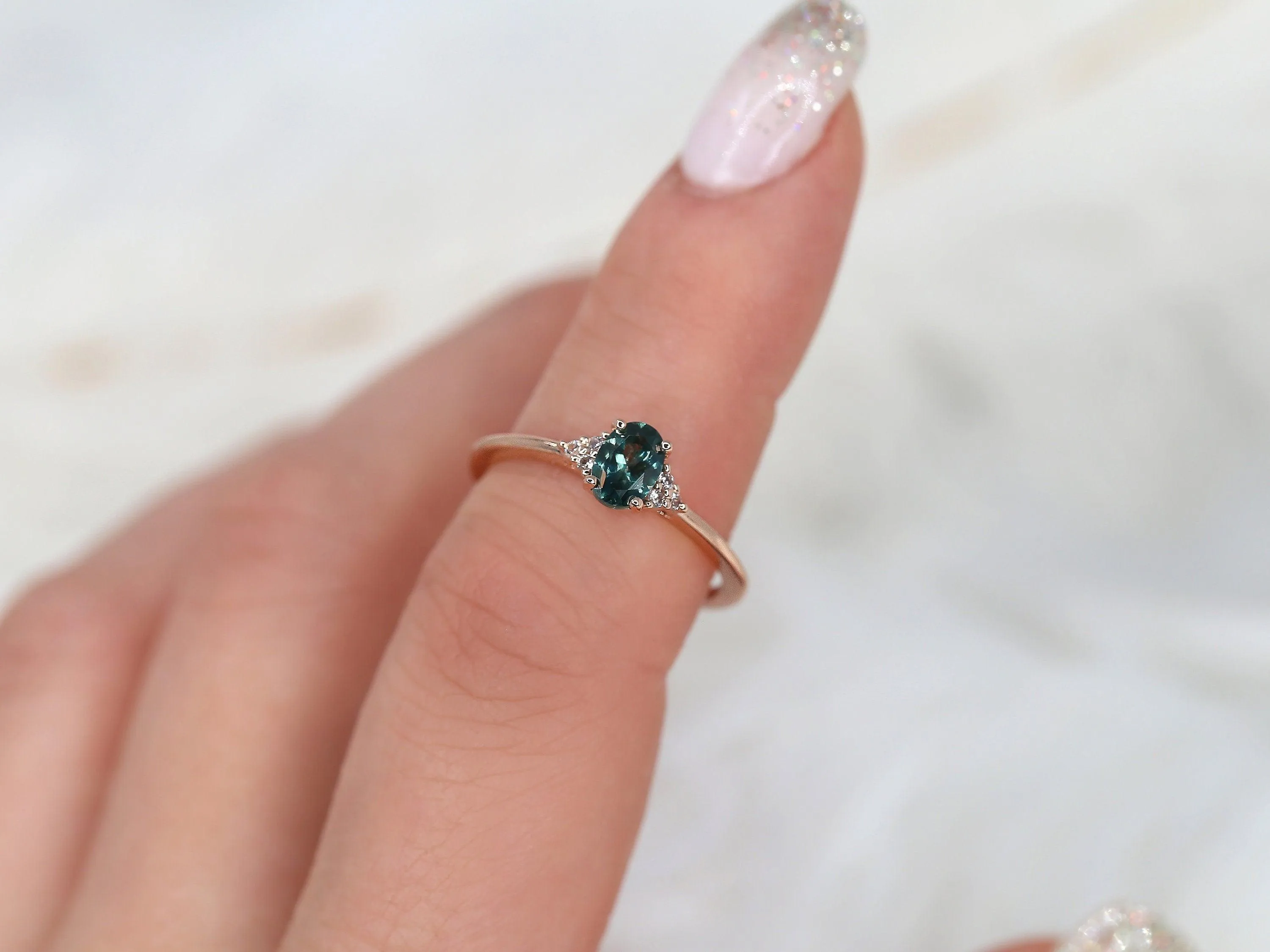 0.70ct Juniper 14kt Rose Gold Ocean Teal Montana Sapphire Oval Cluster Ring