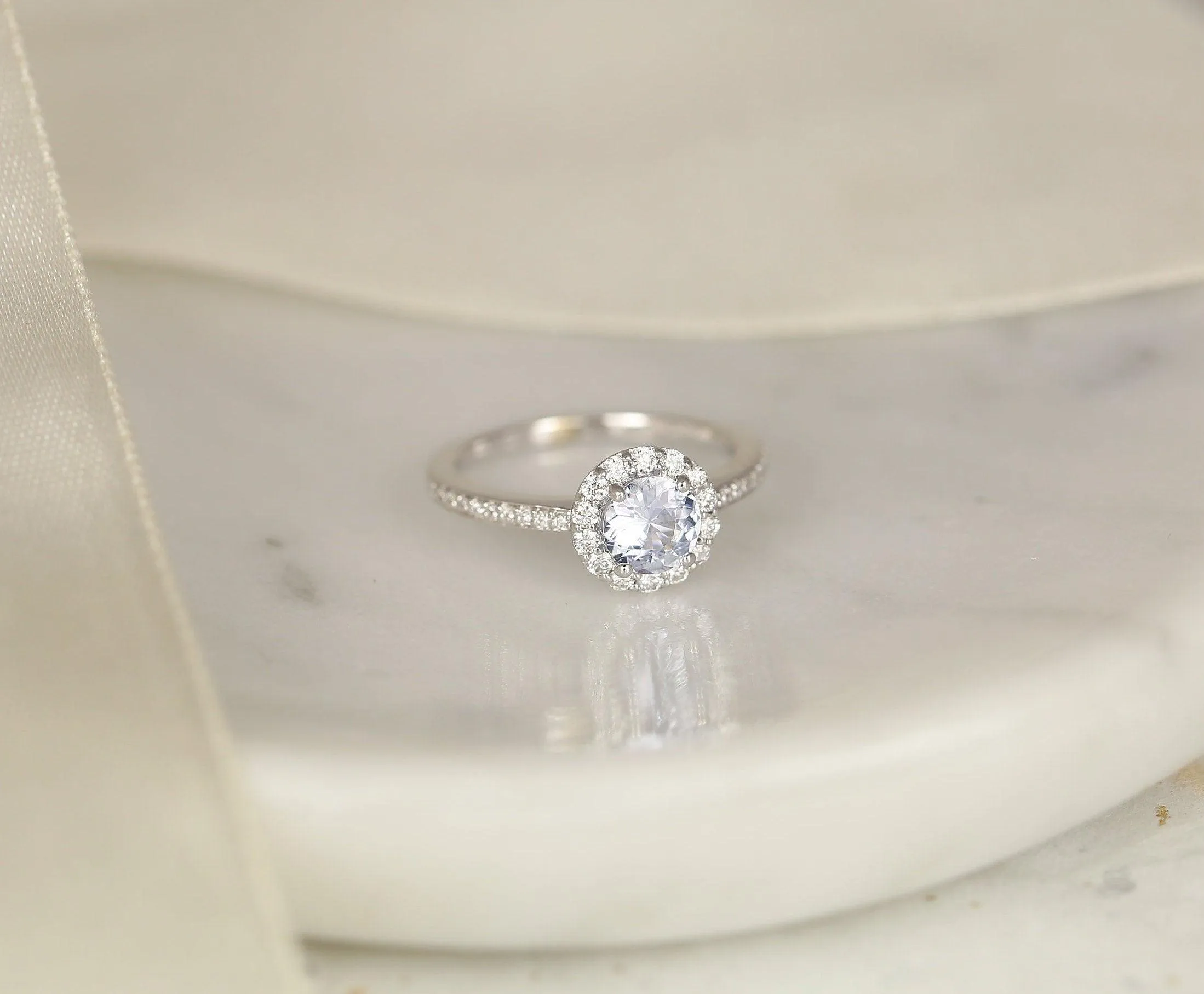 0.80ct Marisol 14kt White Gold Icy Blue Sapphire Diamond Round Halo Ring