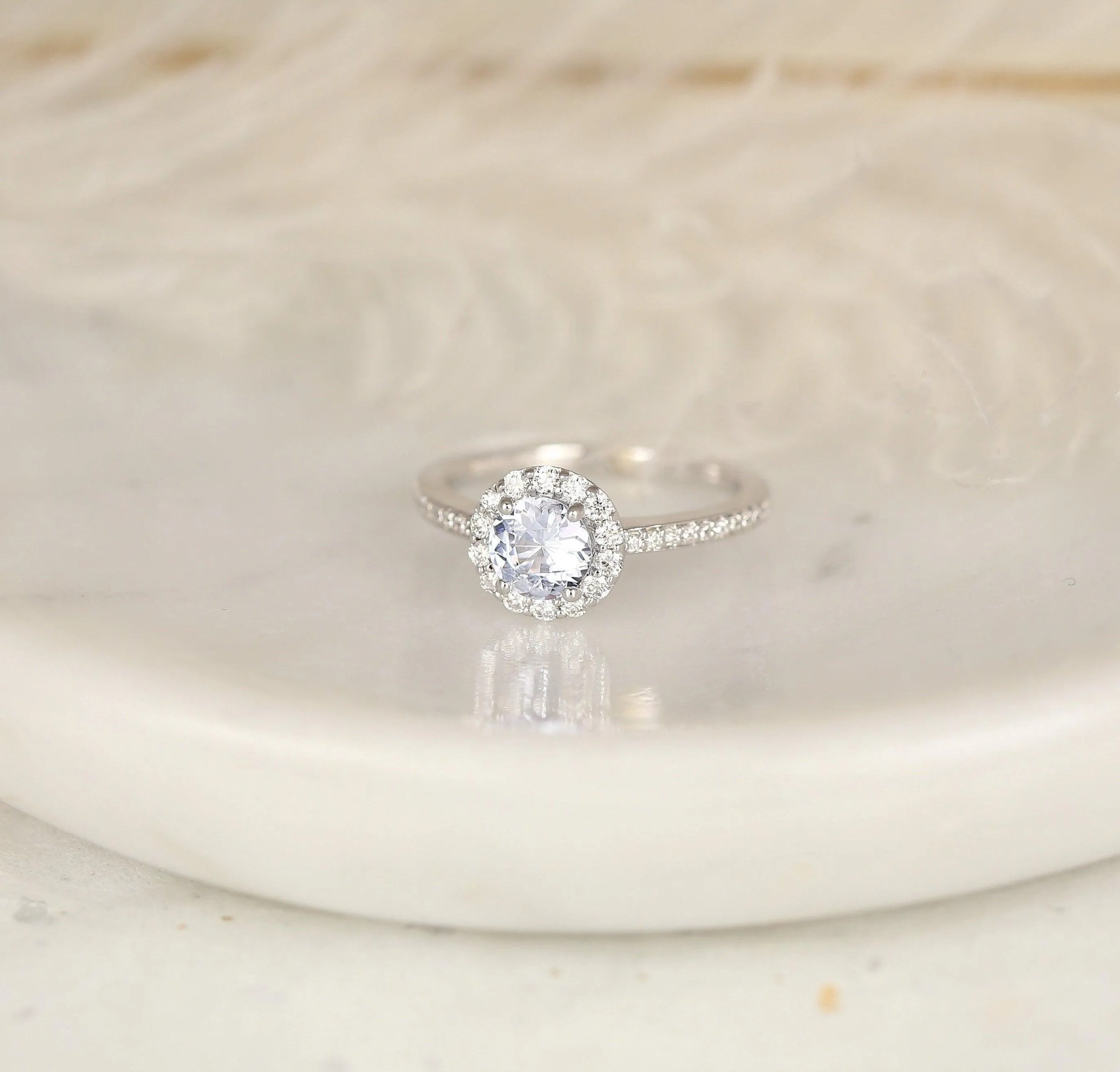 0.80ct Marisol 14kt White Gold Icy Blue Sapphire Diamond Round Halo Ring