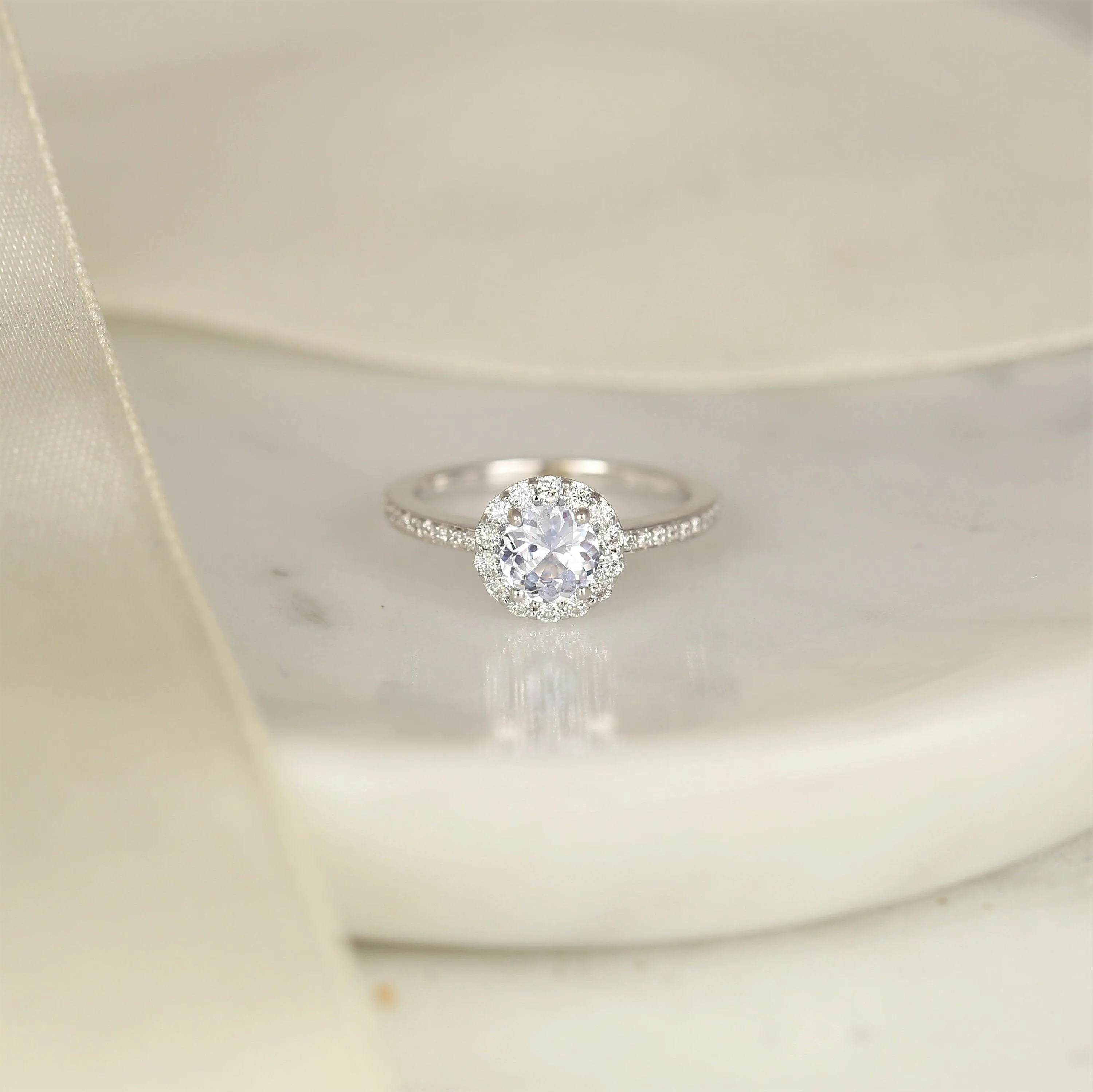 0.80ct Marisol 14kt White Gold Icy Blue Sapphire Diamond Round Halo Ring