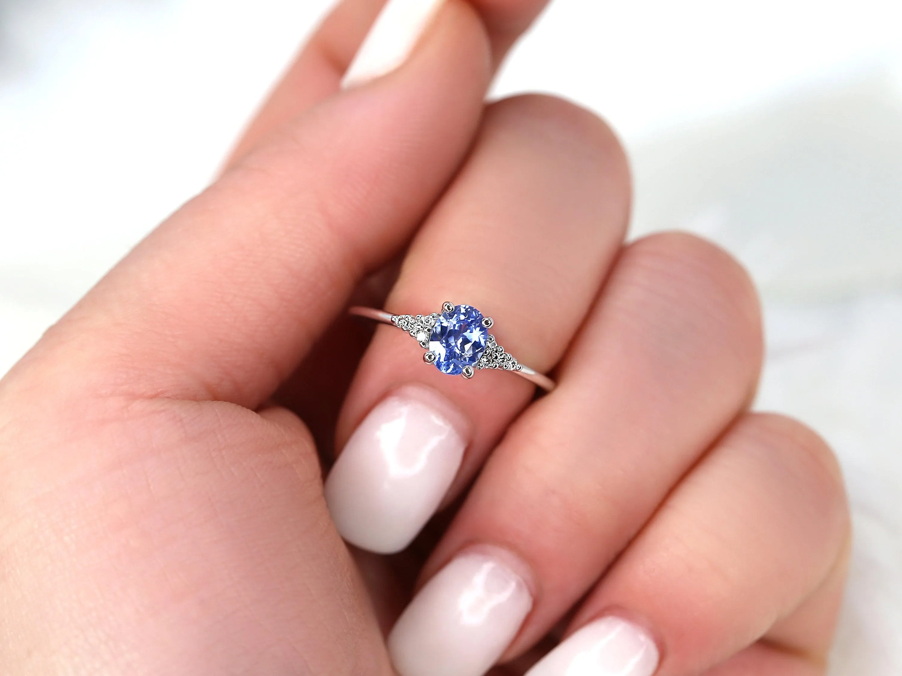 0.82ct Maddy 14kt White Gold Cornflower Lavender Sapphire Diamond Dainty Oval Cluster 3 Stone Ring