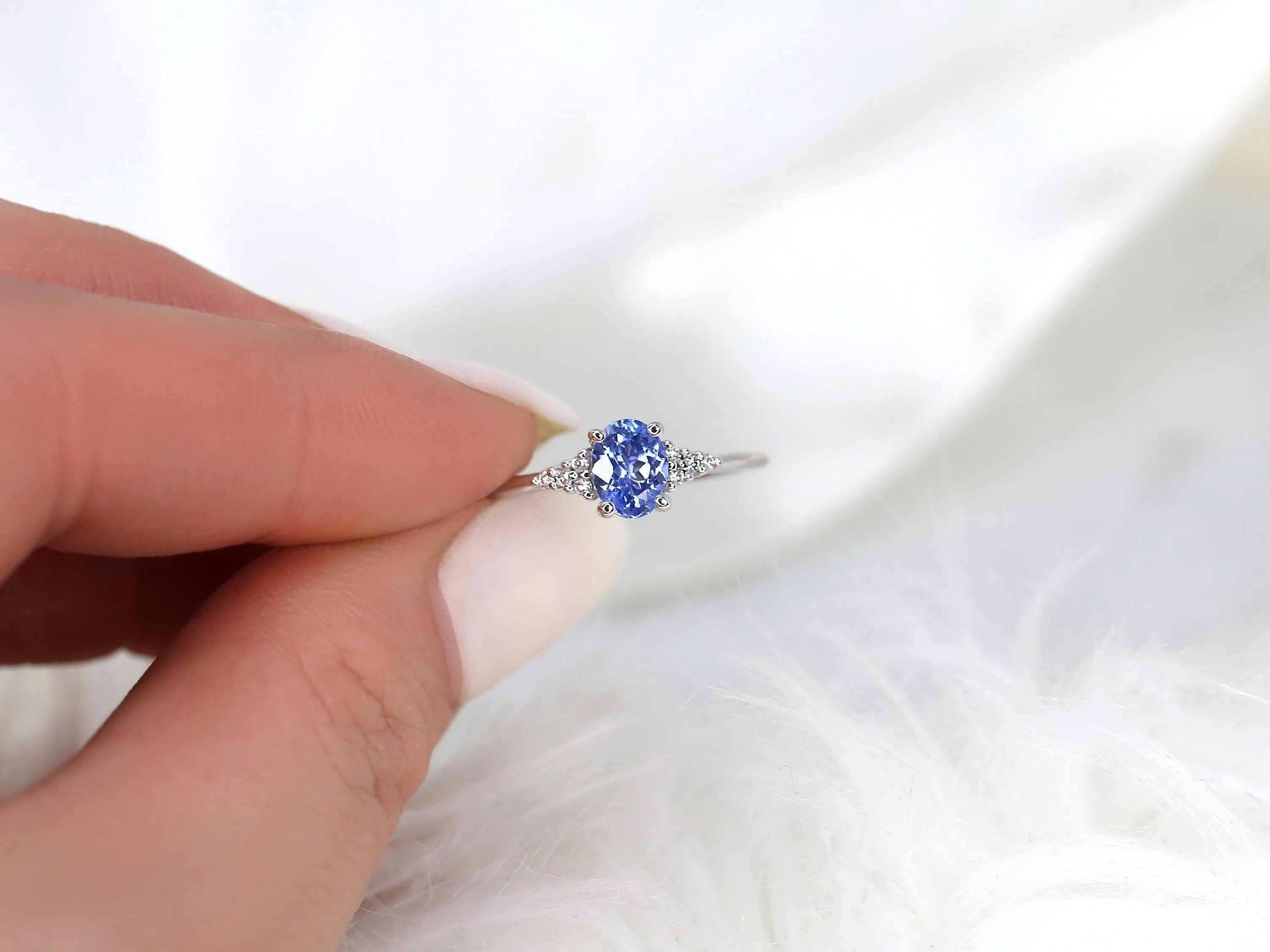 0.82ct Maddy 14kt White Gold Cornflower Lavender Sapphire Diamond Dainty Oval Cluster 3 Stone Ring