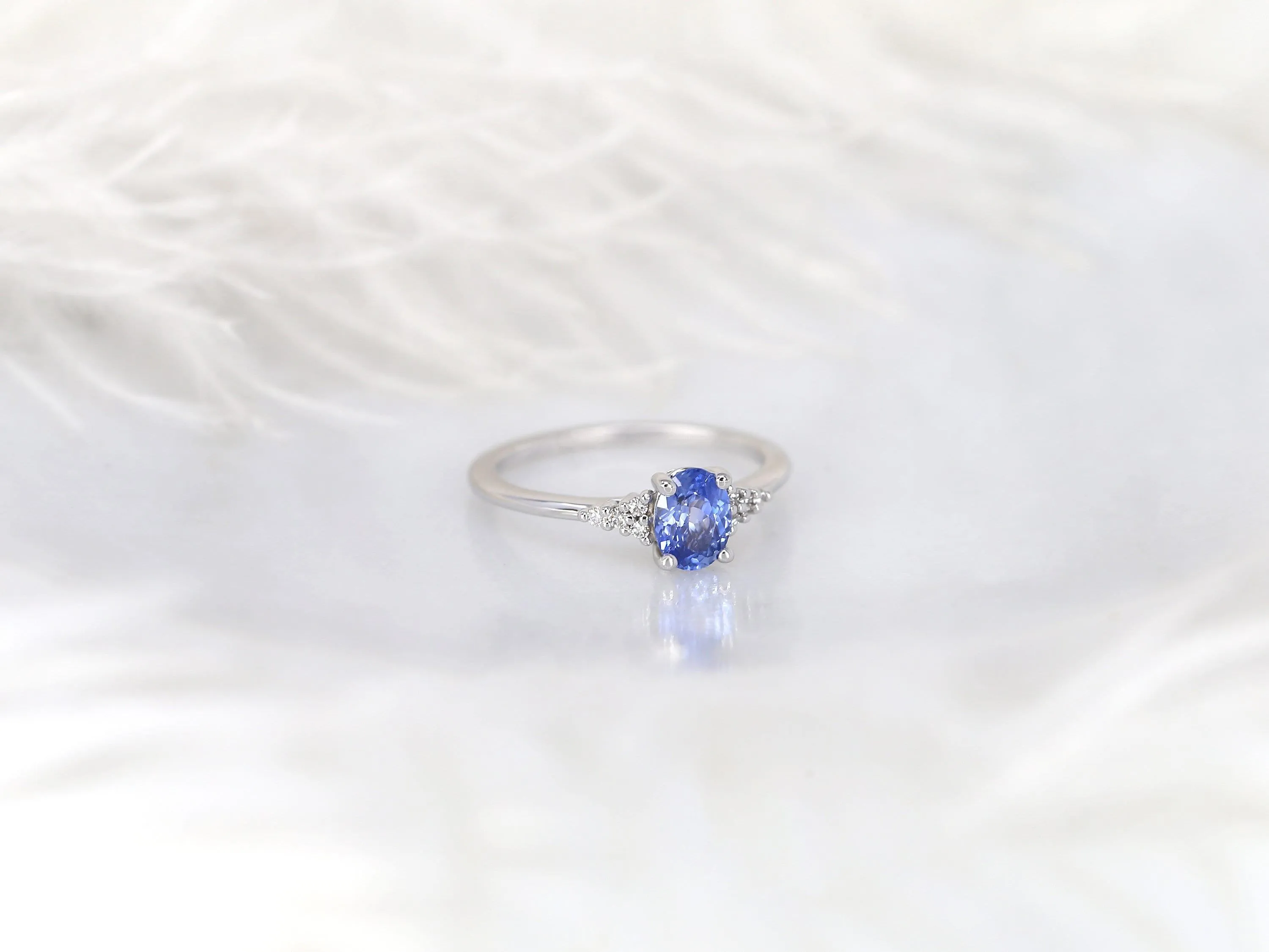 0.82ct Maddy 14kt White Gold Cornflower Lavender Sapphire Diamond Dainty Oval Cluster 3 Stone Ring