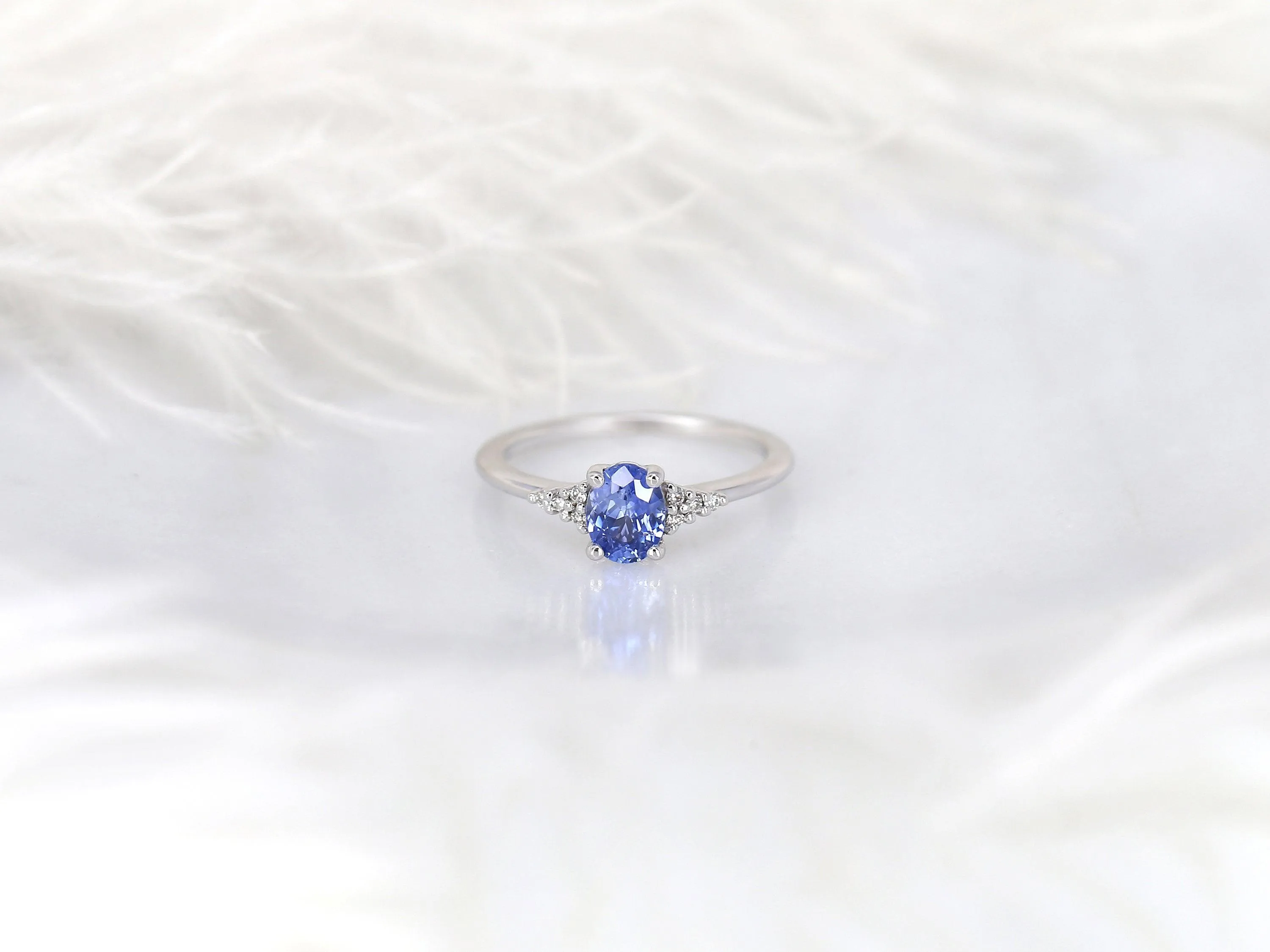 0.82ct Maddy 14kt White Gold Cornflower Lavender Sapphire Diamond Dainty Oval Cluster 3 Stone Ring