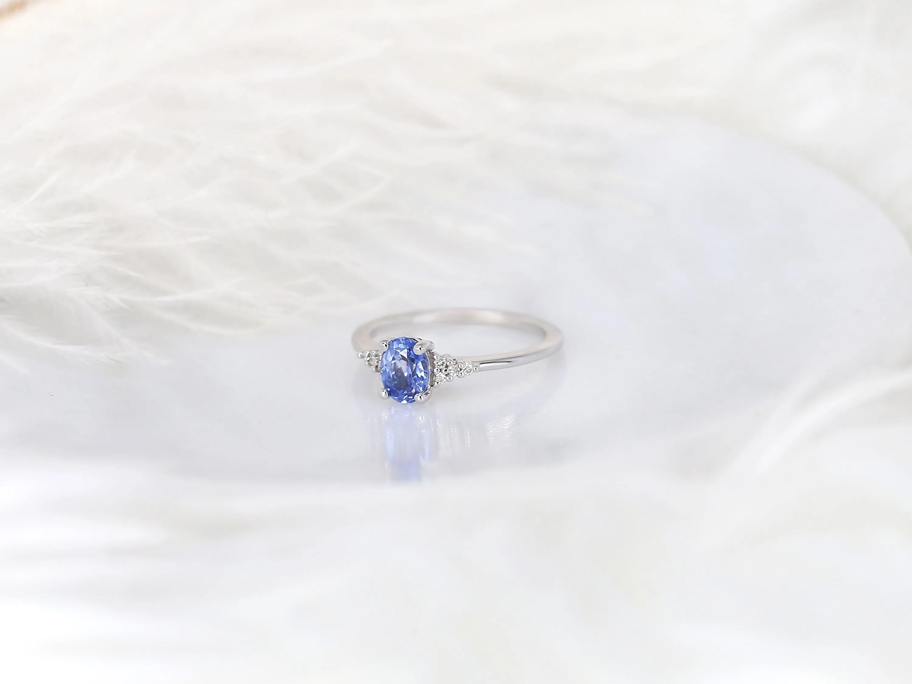 0.82ct Maddy 14kt White Gold Cornflower Lavender Sapphire Diamond Dainty Oval Cluster 3 Stone Ring
