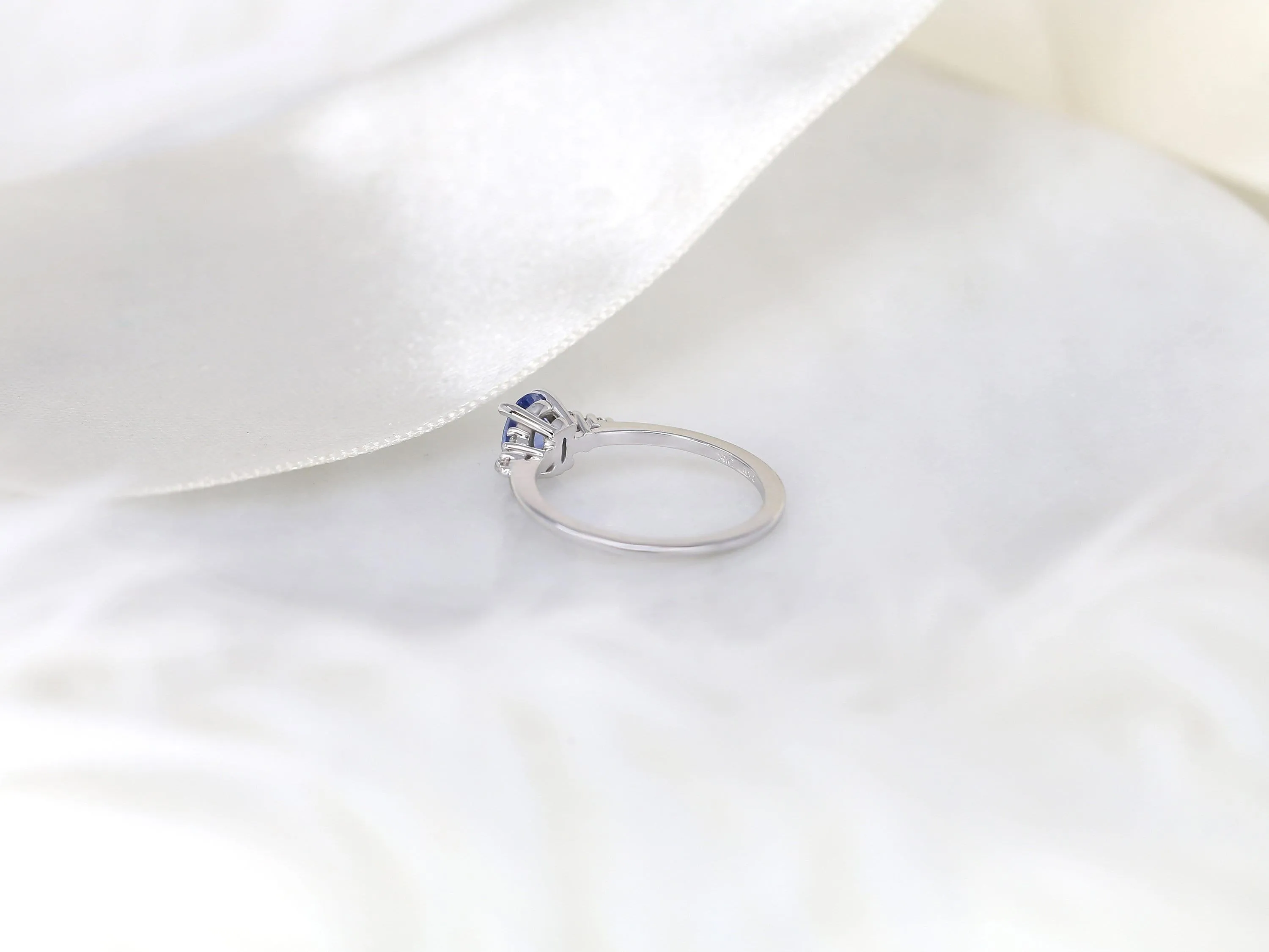 0.82ct Maddy 14kt White Gold Cornflower Lavender Sapphire Diamond Dainty Oval Cluster 3 Stone Ring