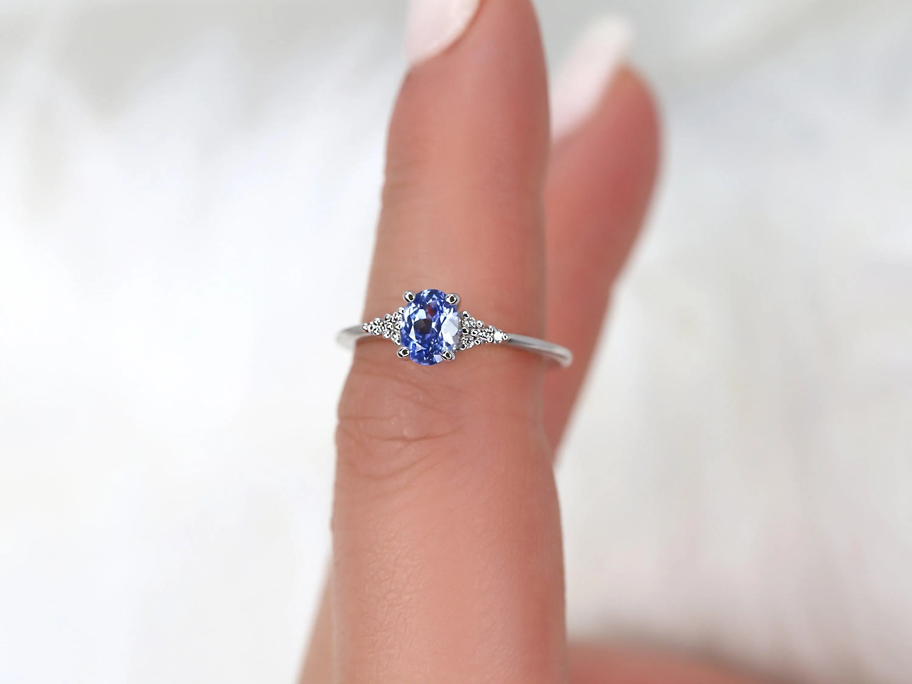 0.82ct Maddy 14kt White Gold Cornflower Lavender Sapphire Diamond Dainty Oval Cluster 3 Stone Ring