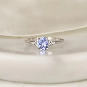 0.98ct Maddy 14kt White Gold Cornflower Lavender Sapphire Diamond Dainty Oval Cluster 3 Stone Ring
