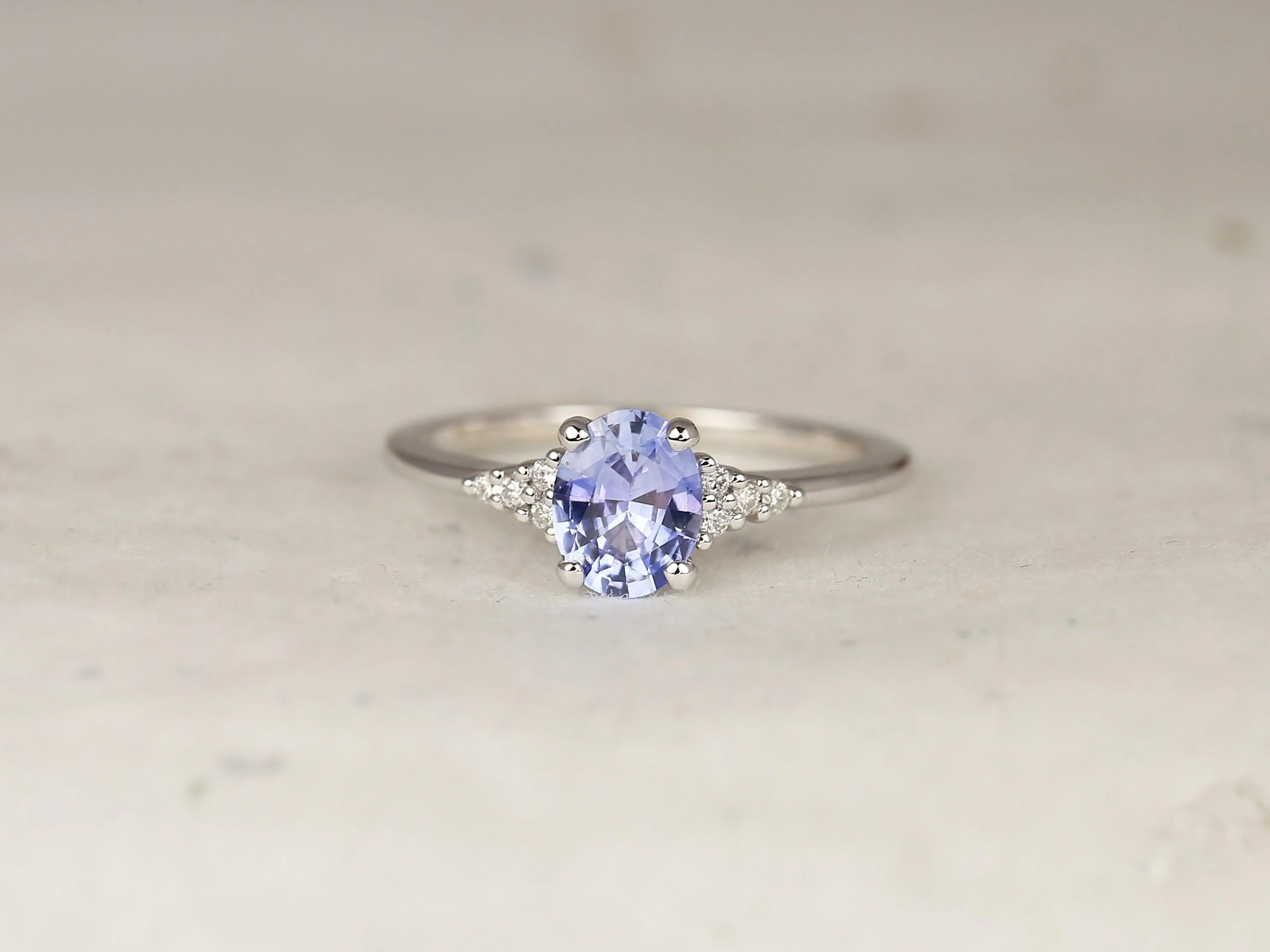 0.98ct Maddy 14kt White Gold Cornflower Lavender Sapphire Diamond Dainty Oval Cluster 3 Stone Ring