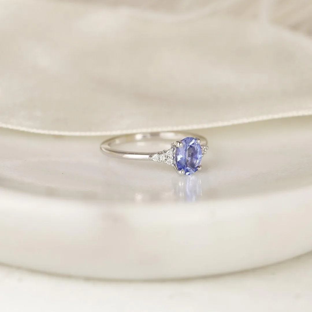 0.98ct Maddy 14kt White Gold Cornflower Lavender Sapphire Diamond Dainty Oval Cluster 3 Stone Ring