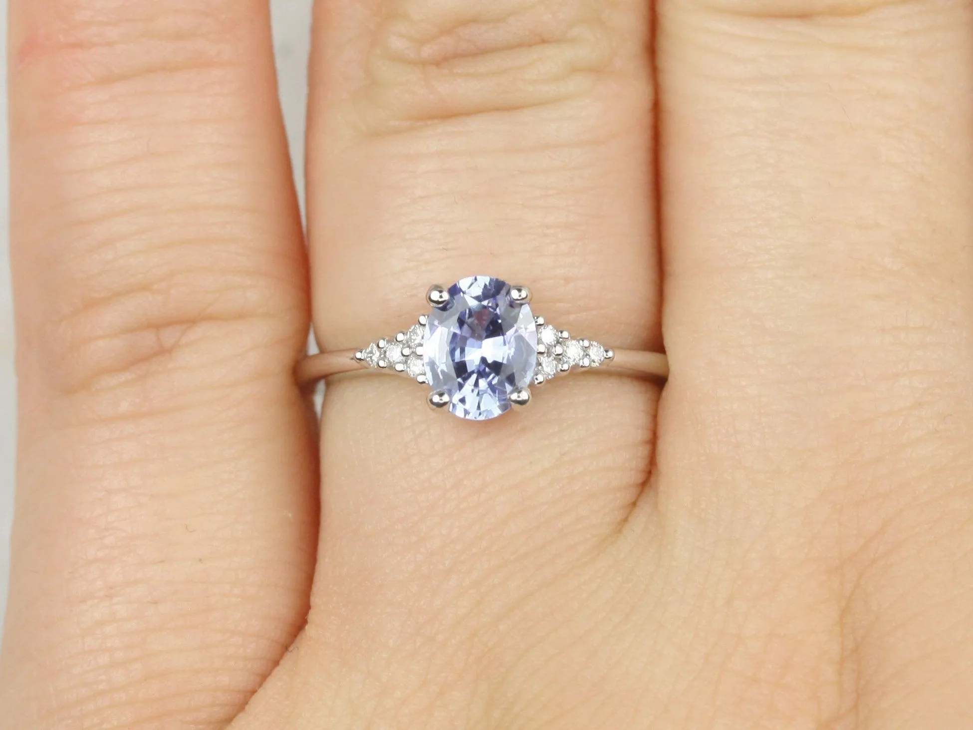 0.98ct Maddy 14kt White Gold Cornflower Lavender Sapphire Diamond Dainty Oval Cluster 3 Stone Ring