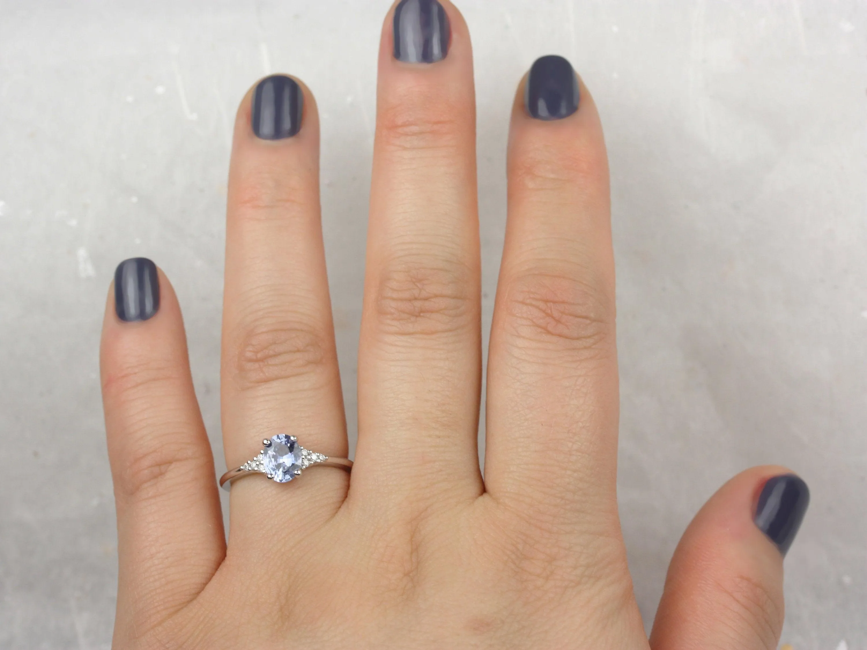 0.98ct Maddy 14kt White Gold Cornflower Lavender Sapphire Diamond Dainty Oval Cluster 3 Stone Ring