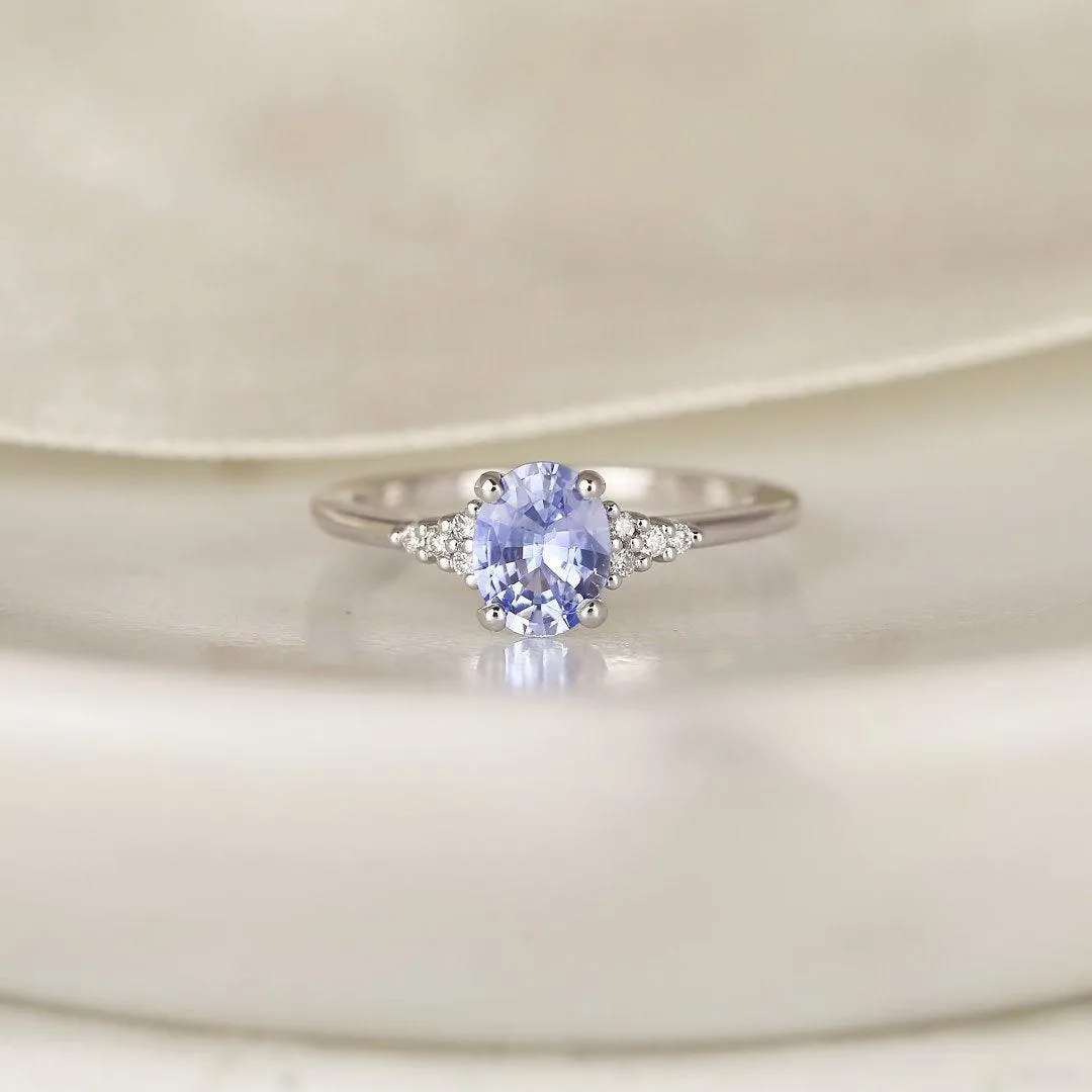 0.98ct Maddy 14kt White Gold Cornflower Lavender Sapphire Diamond Dainty Oval Cluster 3 Stone Ring