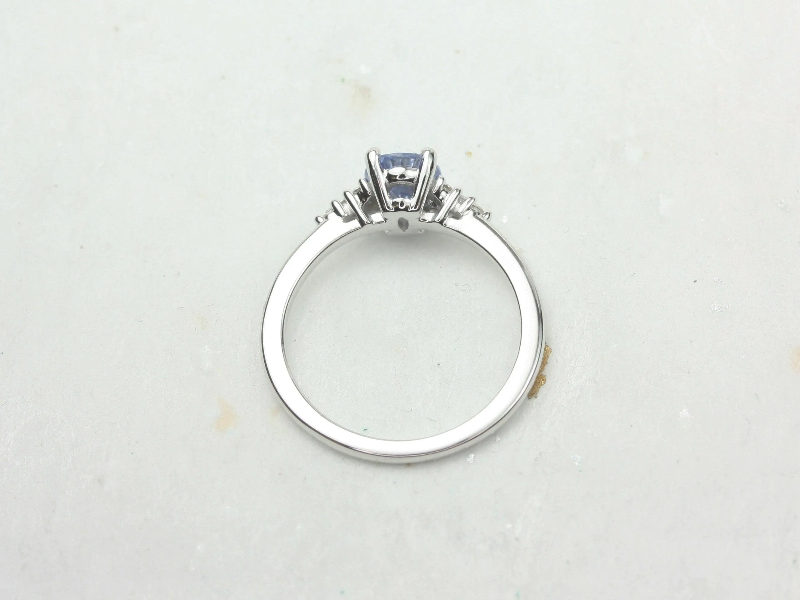 0.98ct Maddy 14kt White Gold Cornflower Lavender Sapphire Diamond Dainty Oval Cluster 3 Stone Ring