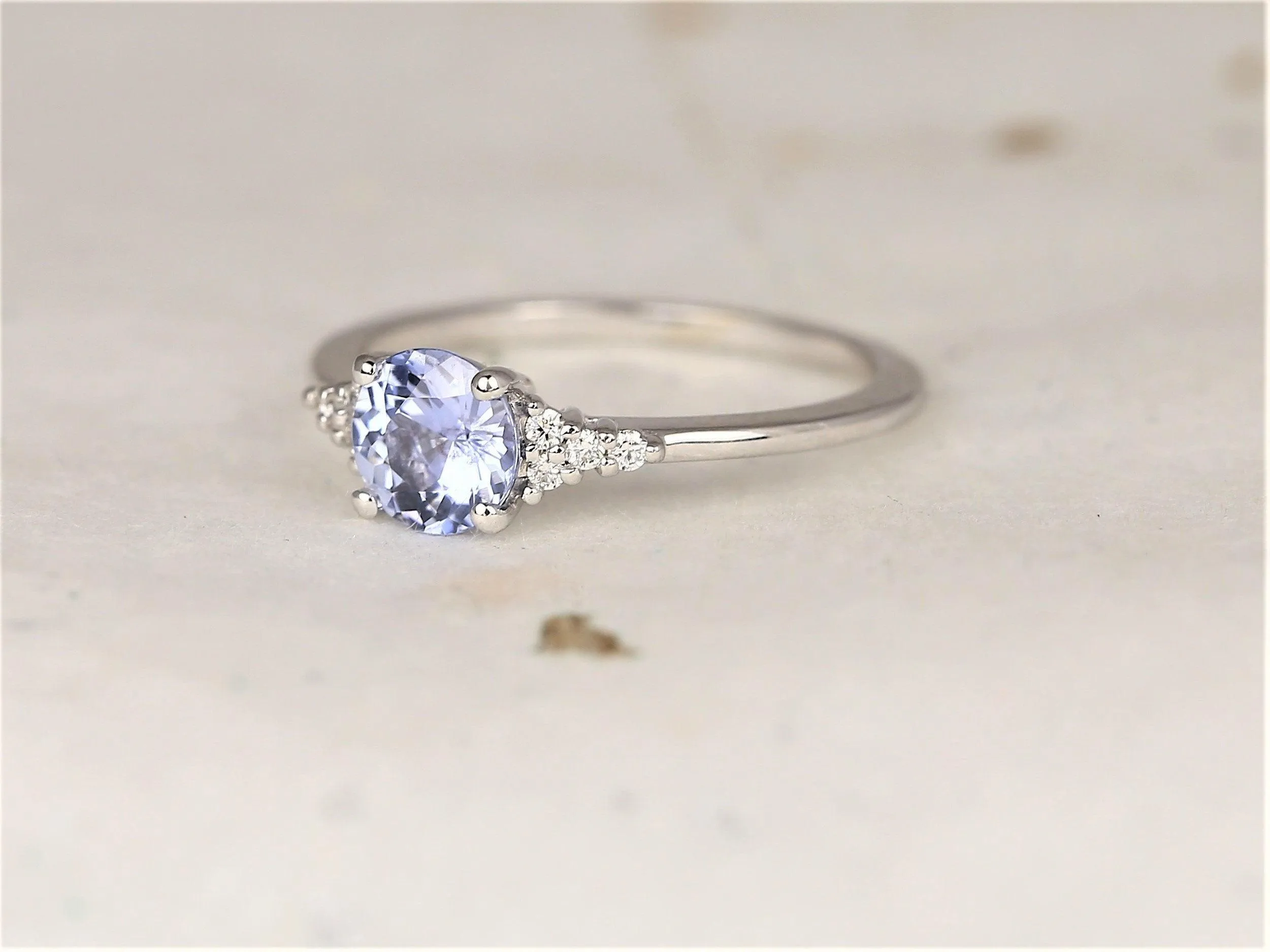 0.99ct Malia 14kt White Gold Icy Cornflower Lavender Sapphire Diamonds Dainty Round 3 Stone Cluster Ring