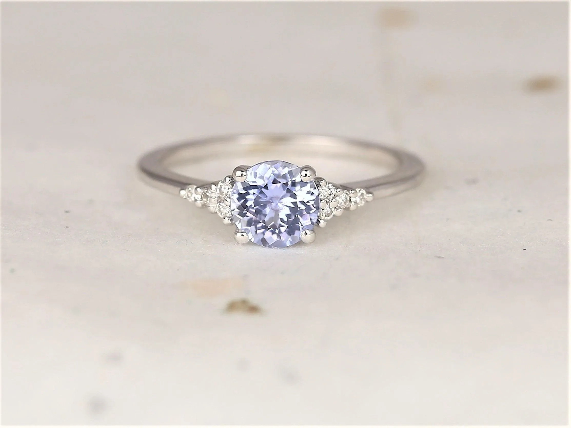 0.99ct Malia 14kt White Gold Icy Cornflower Lavender Sapphire Diamonds Dainty Round 3 Stone Cluster Ring