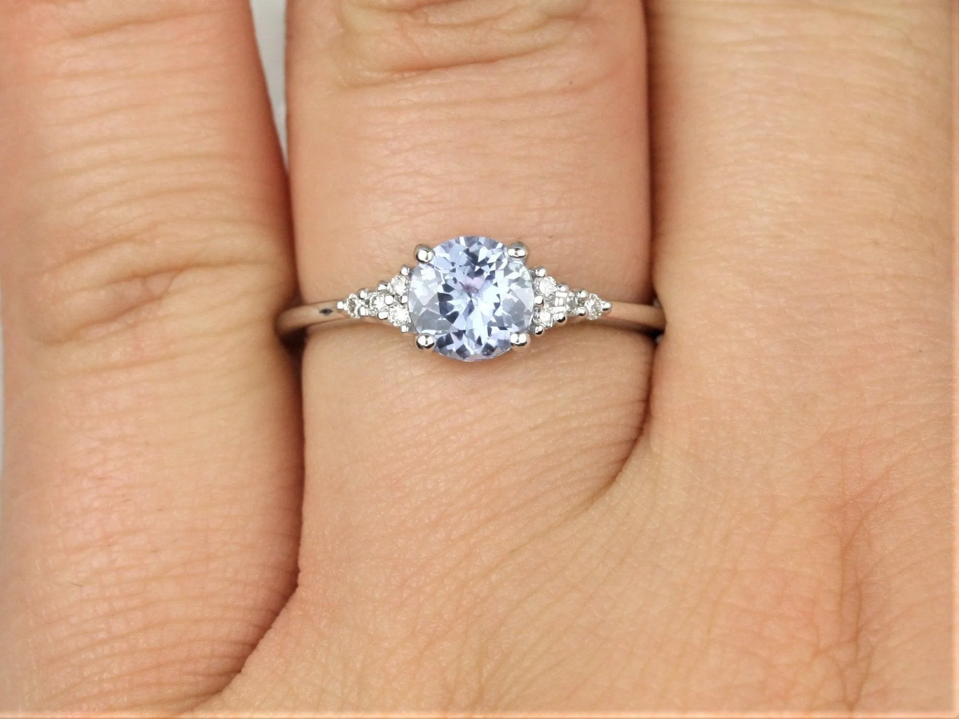 0.99ct Malia 14kt White Gold Icy Cornflower Lavender Sapphire Diamonds Dainty Round 3 Stone Cluster Ring