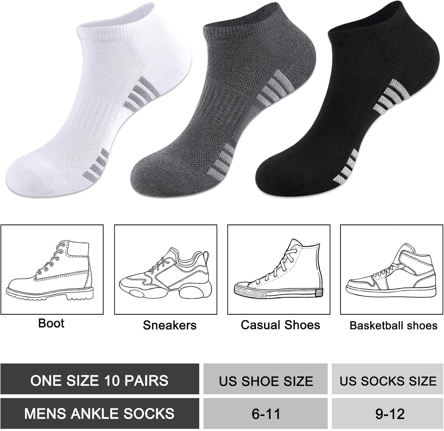 10 Pairs Mens Ankle Socks Cushioned Athletic Running Casual Low Cut Socks for Men