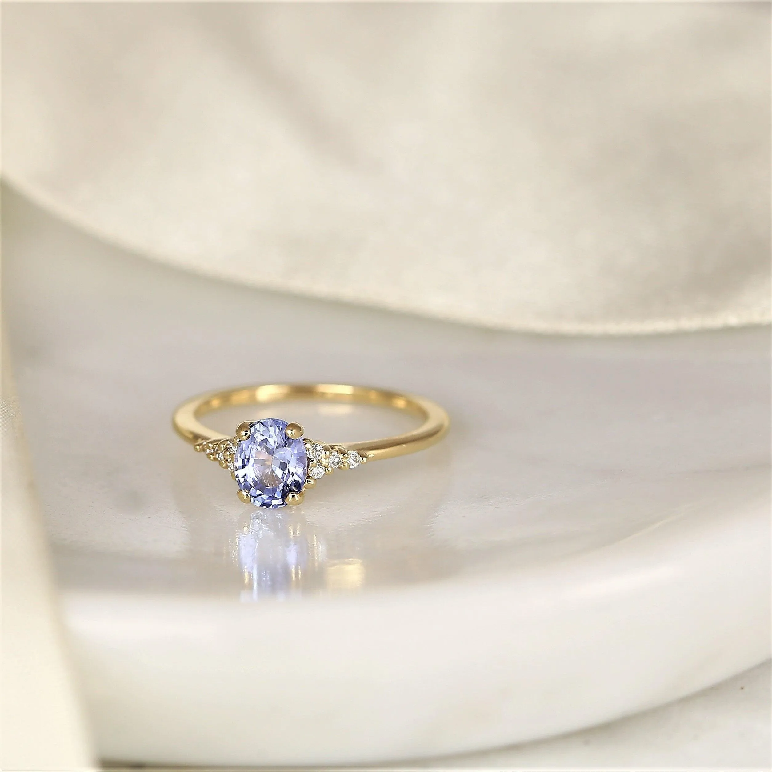 1.01ct Maddy 14kt Gold Cornflower Lavender Sapphire Diamond Dainty Oval Cluster Ring