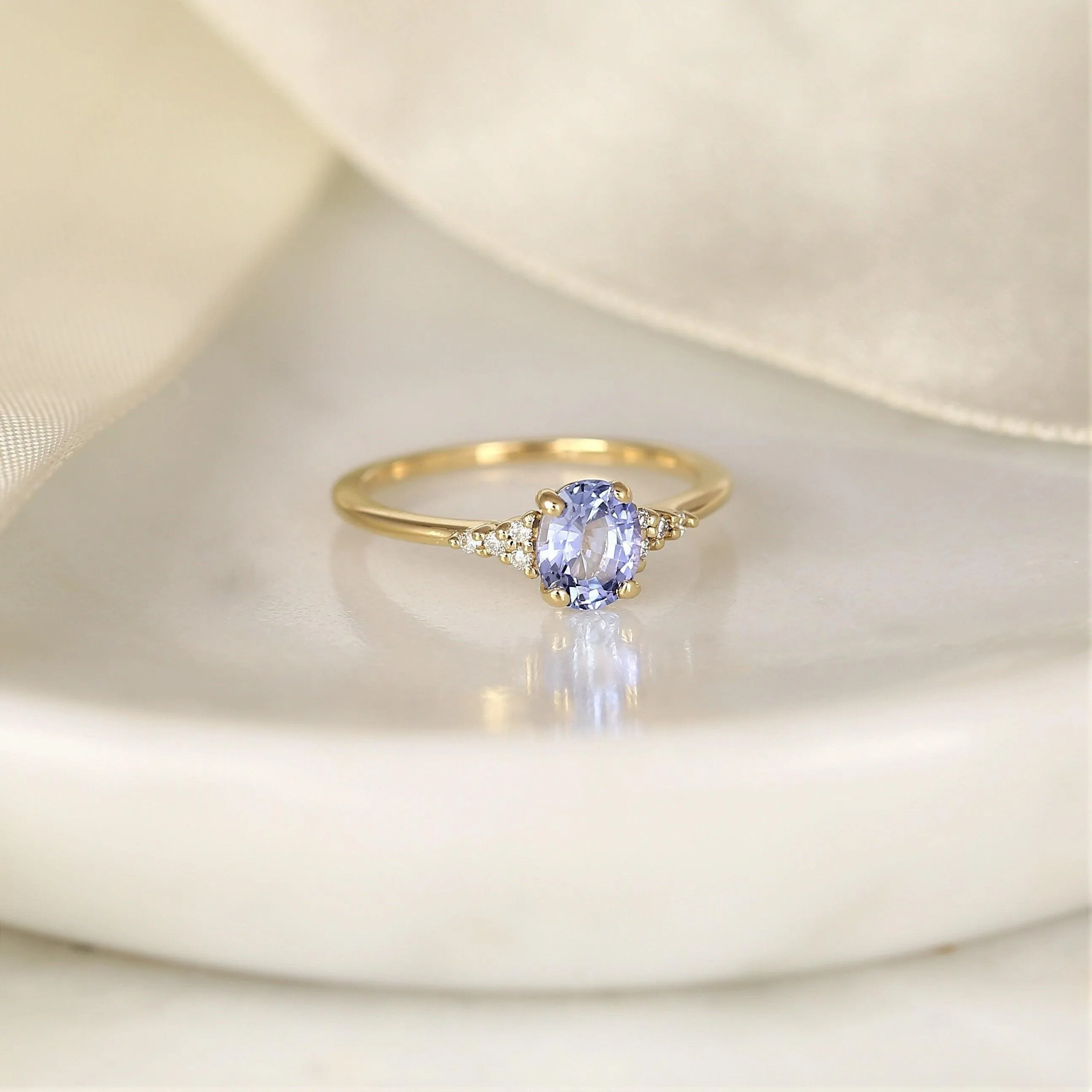1.01ct Maddy 14kt Gold Cornflower Lavender Sapphire Diamond Dainty Oval Cluster Ring
