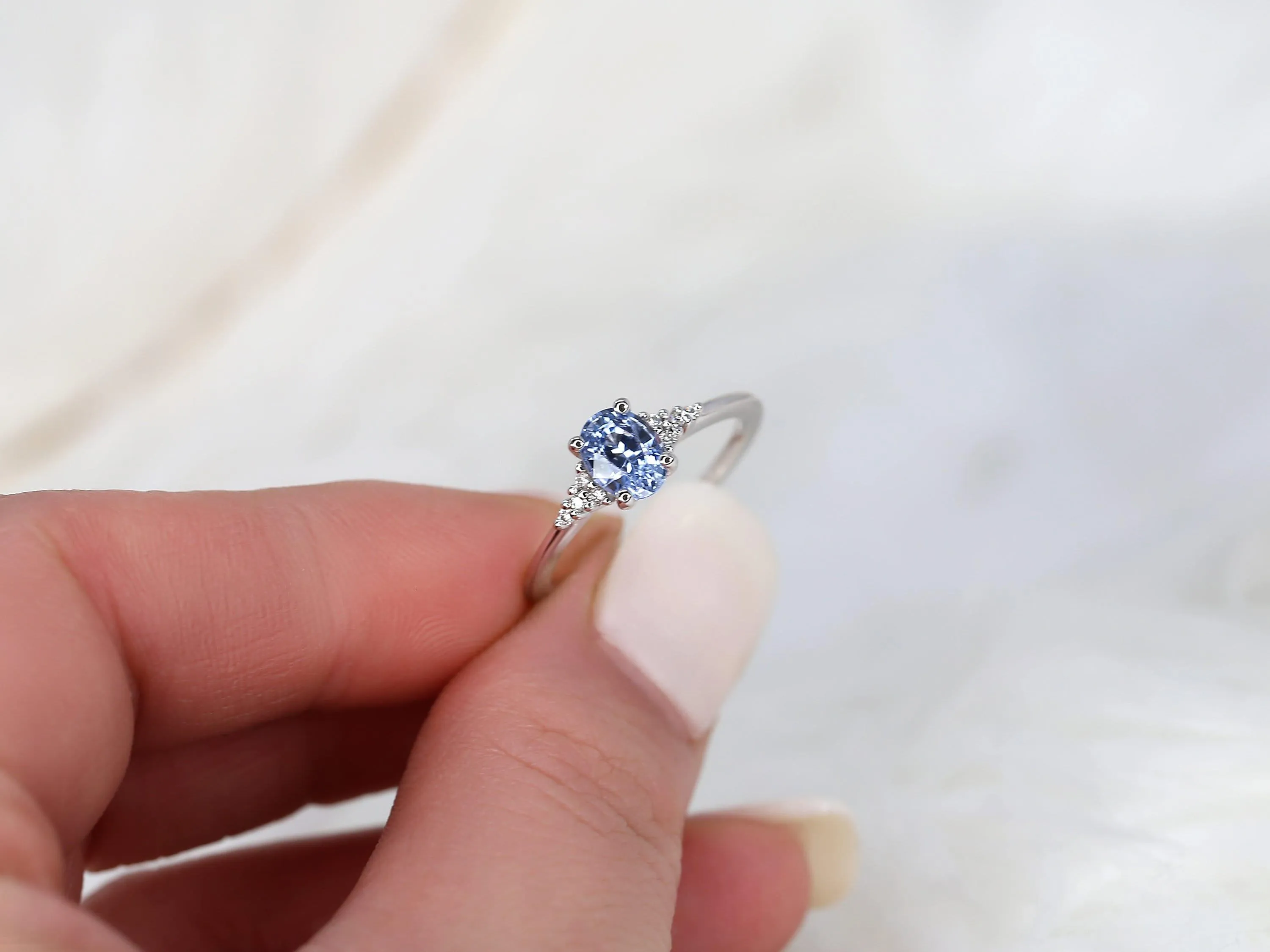 1.04ct Maddy 14kt White Gold Cornflower Sapphire Diamond Dainty Oval Cluster 3 Stone Ring