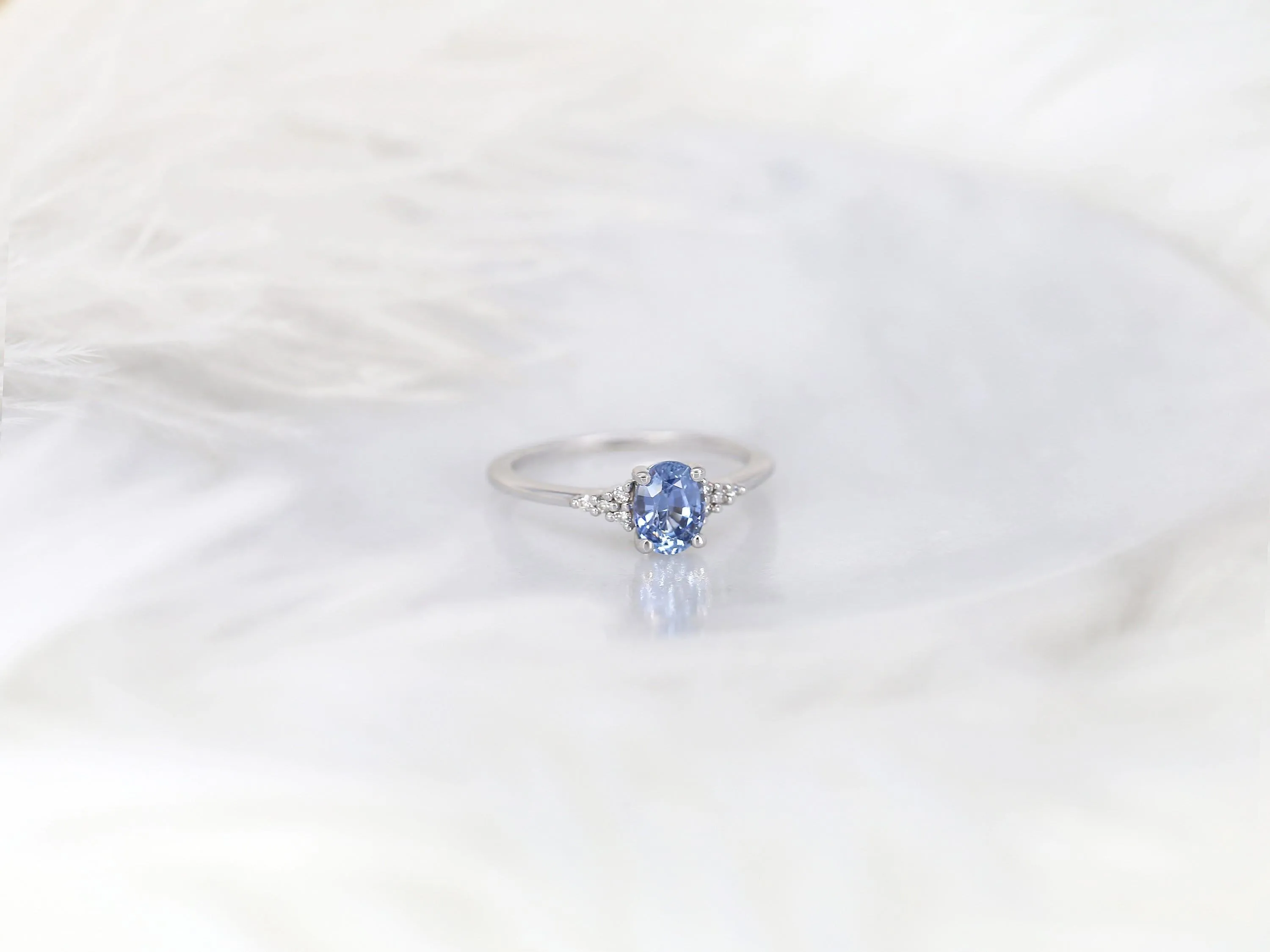 1.04ct Maddy 14kt White Gold Cornflower Sapphire Diamond Dainty Oval Cluster 3 Stone Ring