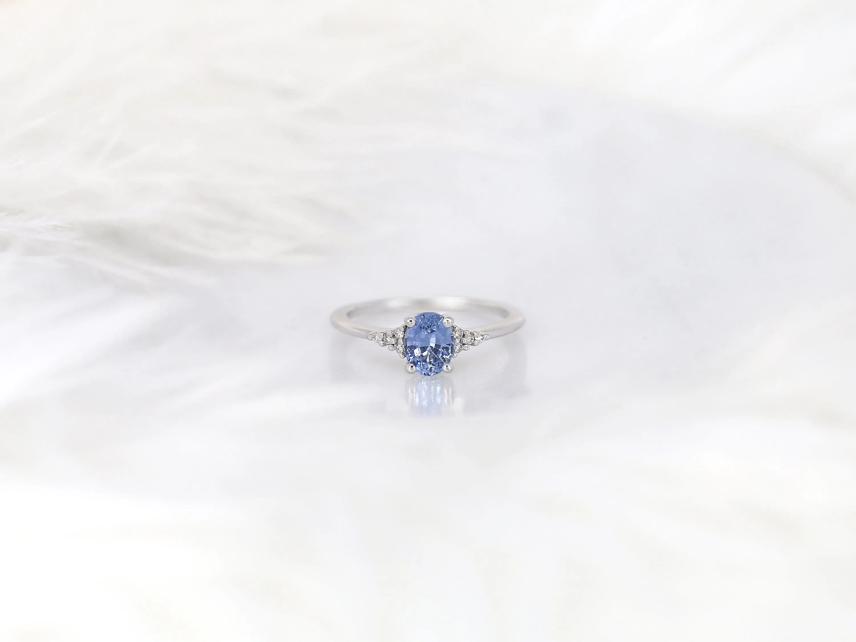 1.04ct Maddy 14kt White Gold Cornflower Sapphire Diamond Dainty Oval Cluster 3 Stone Ring