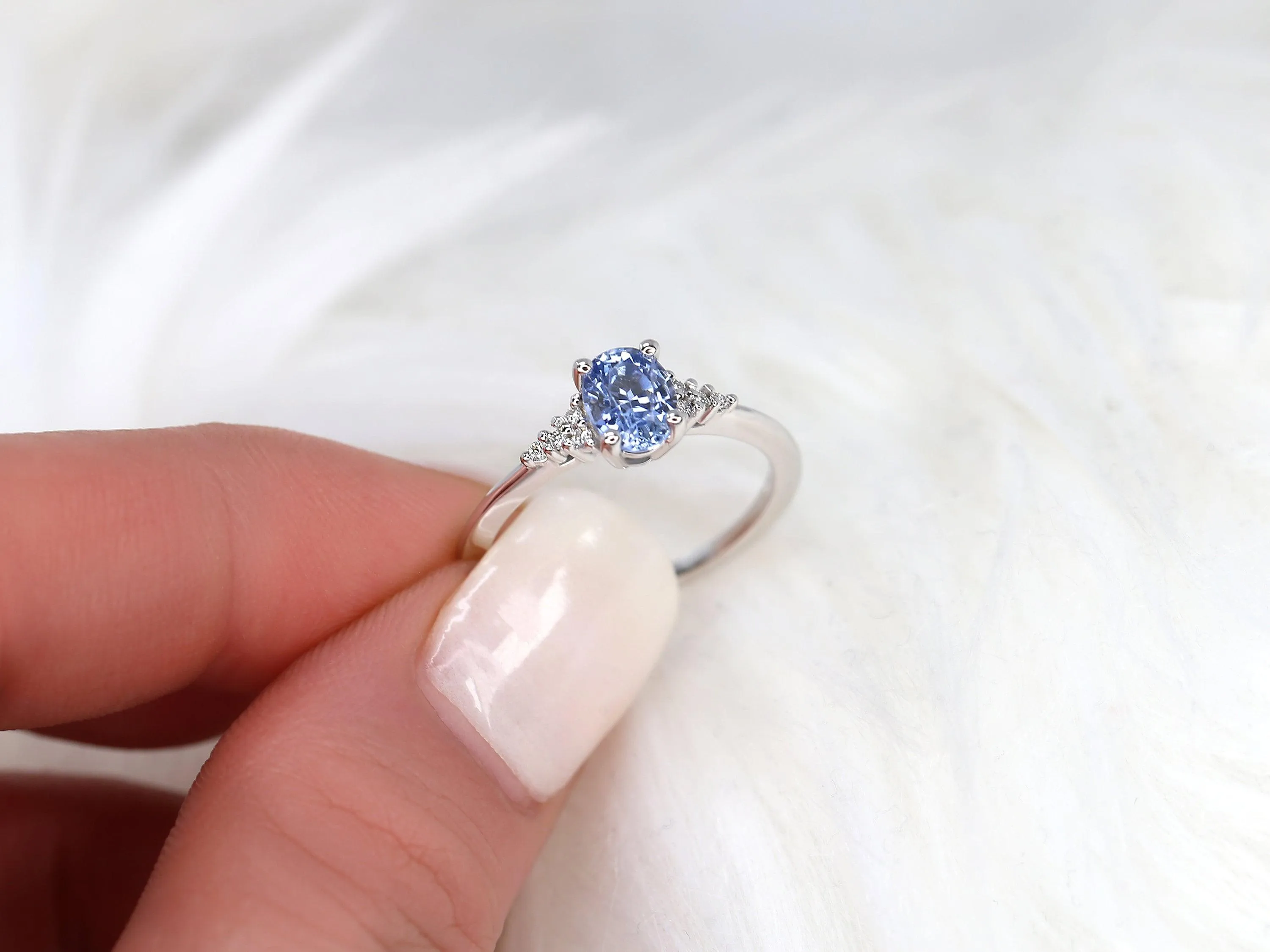 1.04ct Maddy 14kt White Gold Cornflower Sapphire Diamond Dainty Oval Cluster 3 Stone Ring