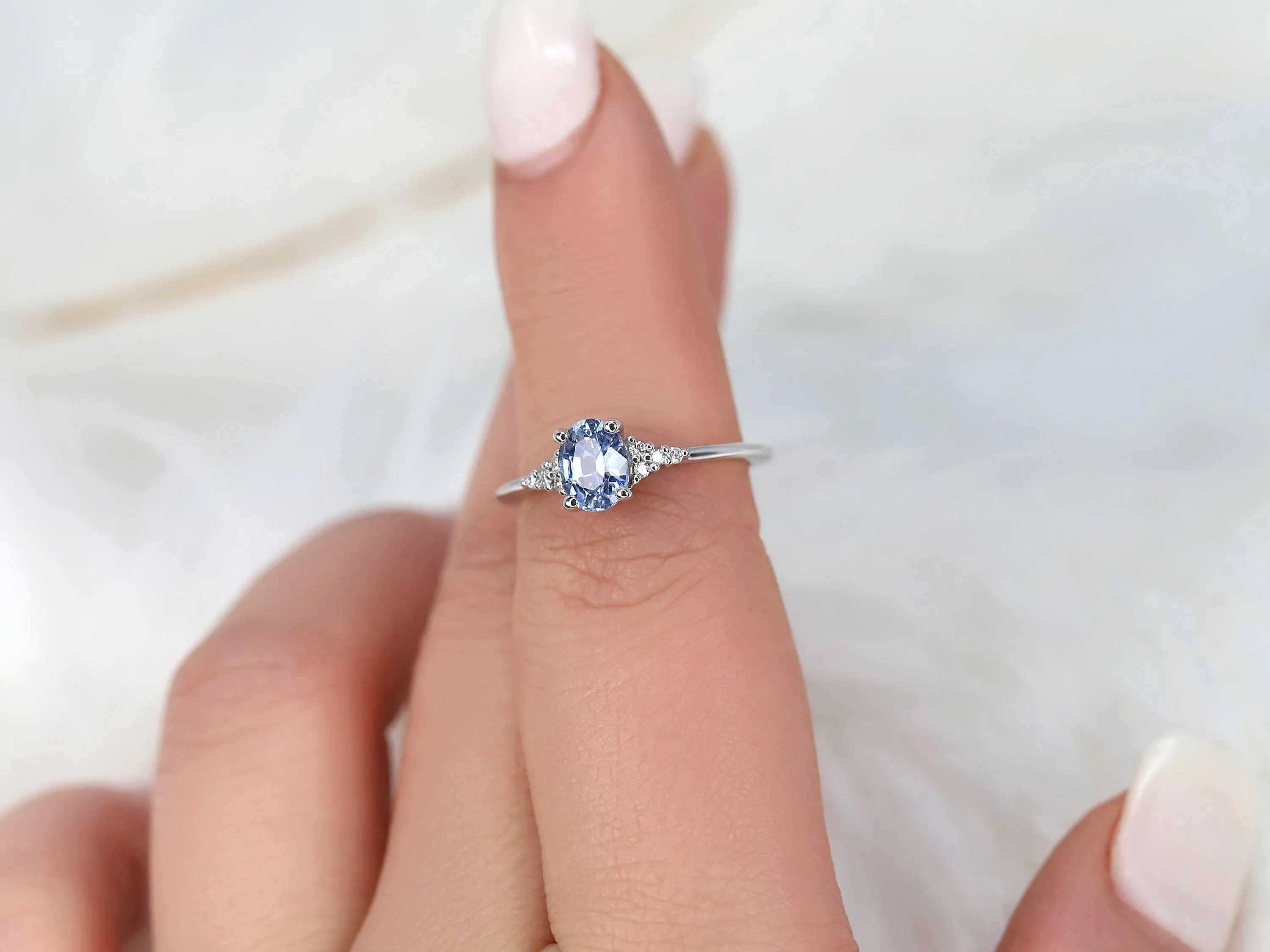 1.04ct Maddy 14kt White Gold Cornflower Sapphire Diamond Dainty Oval Cluster 3 Stone Ring