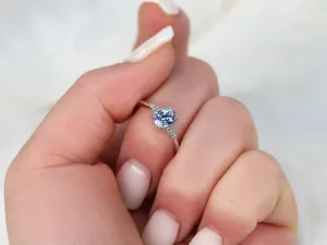 1.04ct Maddy 14kt White Gold Cornflower Sapphire Diamond Dainty Oval Cluster 3 Stone Ring