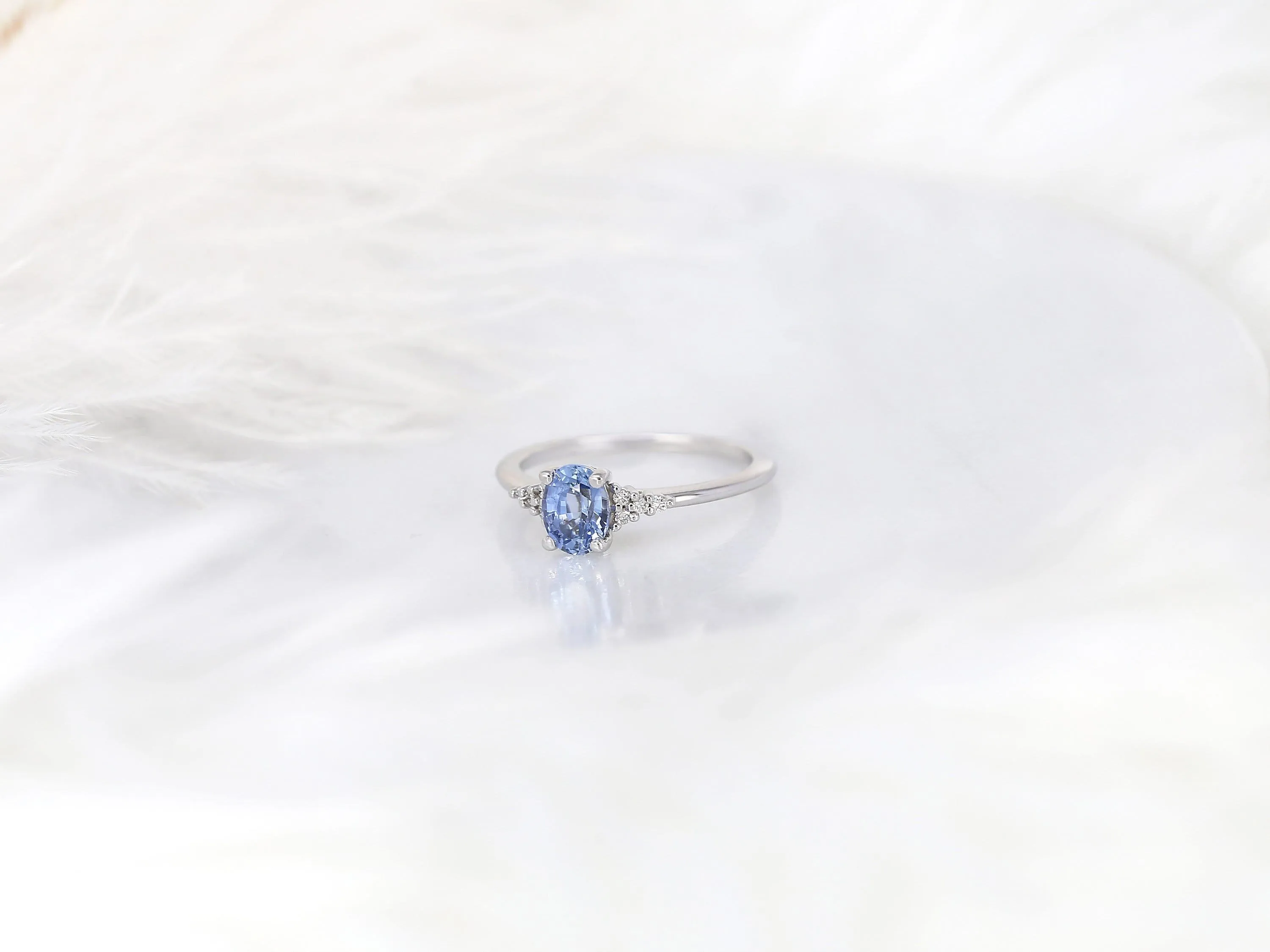 1.04ct Maddy 14kt White Gold Cornflower Sapphire Diamond Dainty Oval Cluster 3 Stone Ring