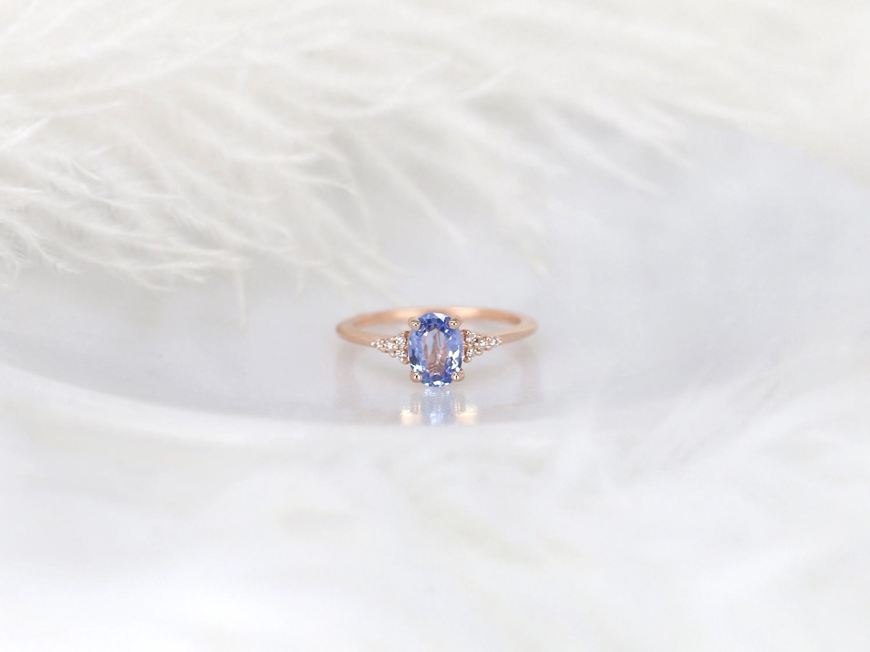 1.09ct Maddy 14kt Rose Gold Cornflower Sapphire Diamond Oval Cluster 3 Stone Ring