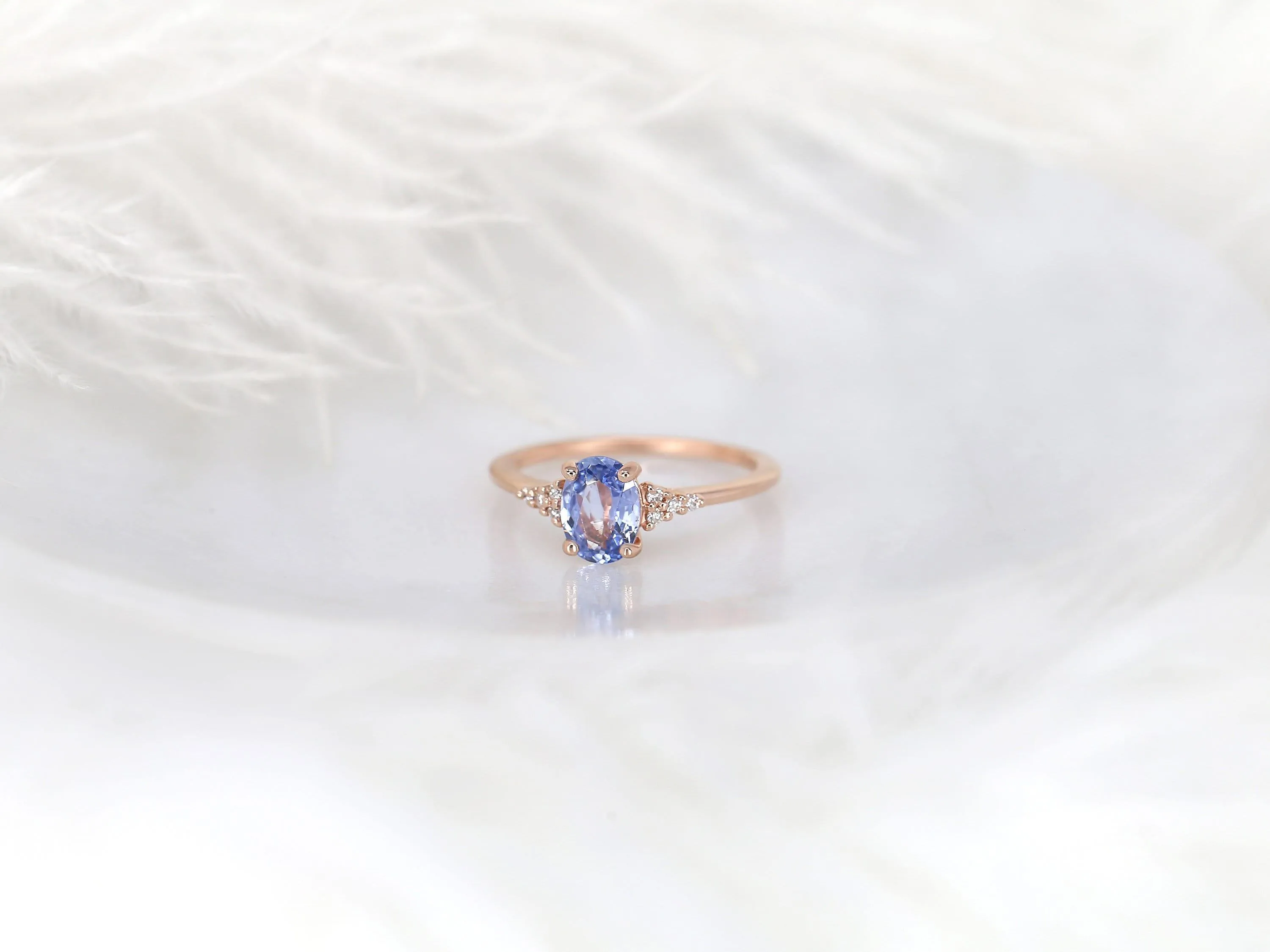 1.09ct Maddy 14kt Rose Gold Cornflower Sapphire Diamond Oval Cluster 3 Stone Ring