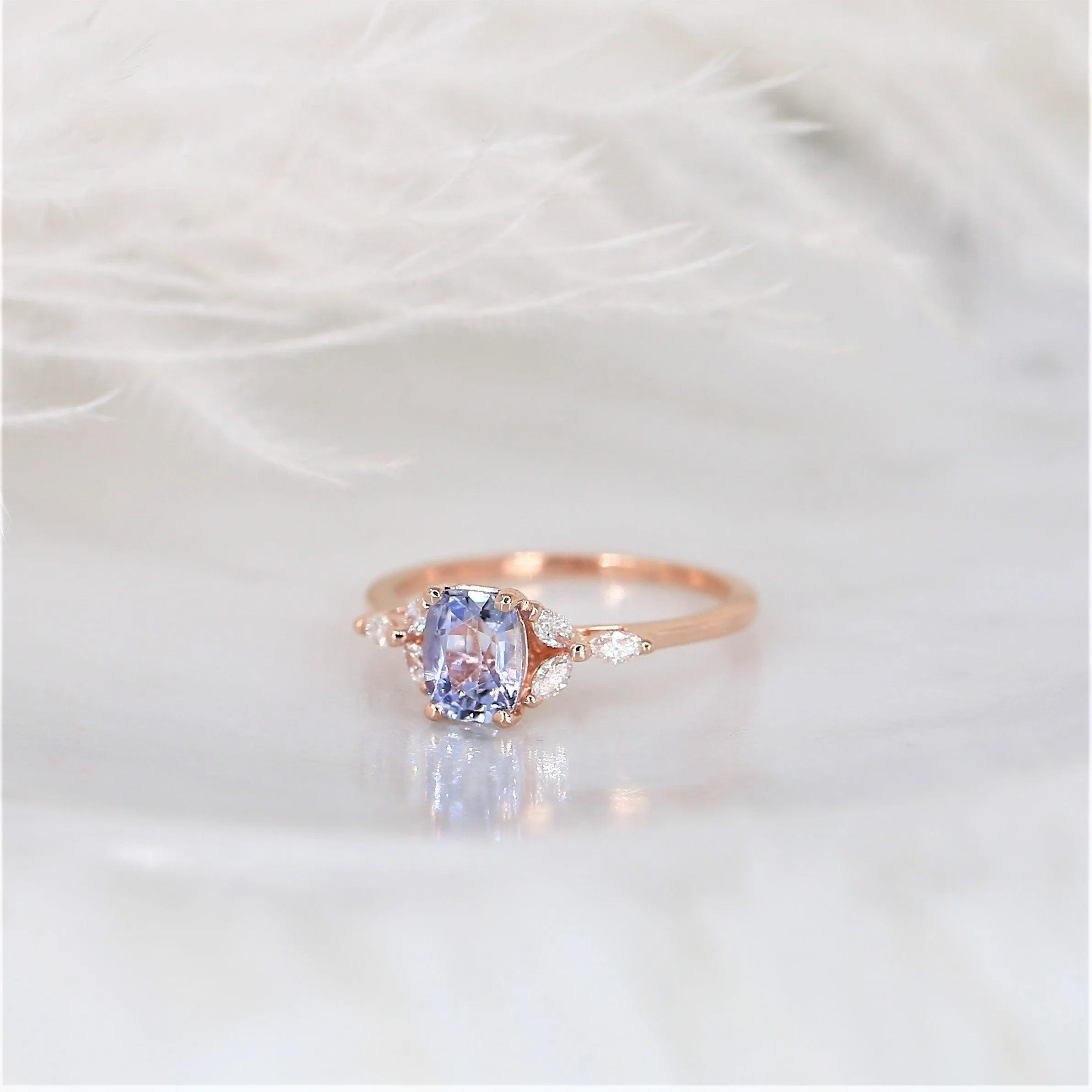 1.11ct Geneva 14kt Rose Gold Cornflower Lavender Sapphire Diamond 3 Stone Cushion Ring