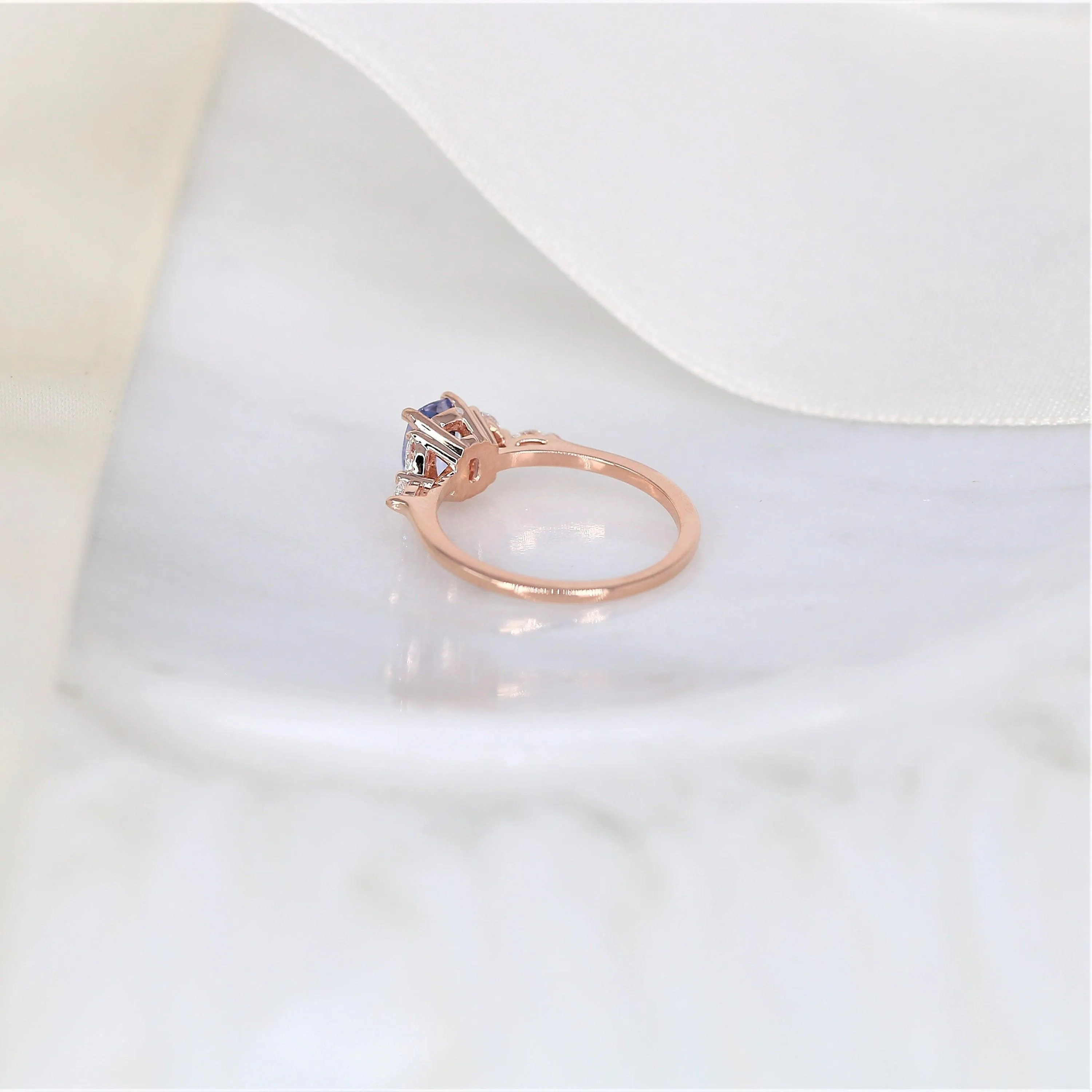 1.11ct Geneva 14kt Rose Gold Cornflower Lavender Sapphire Diamond 3 Stone Cushion Ring