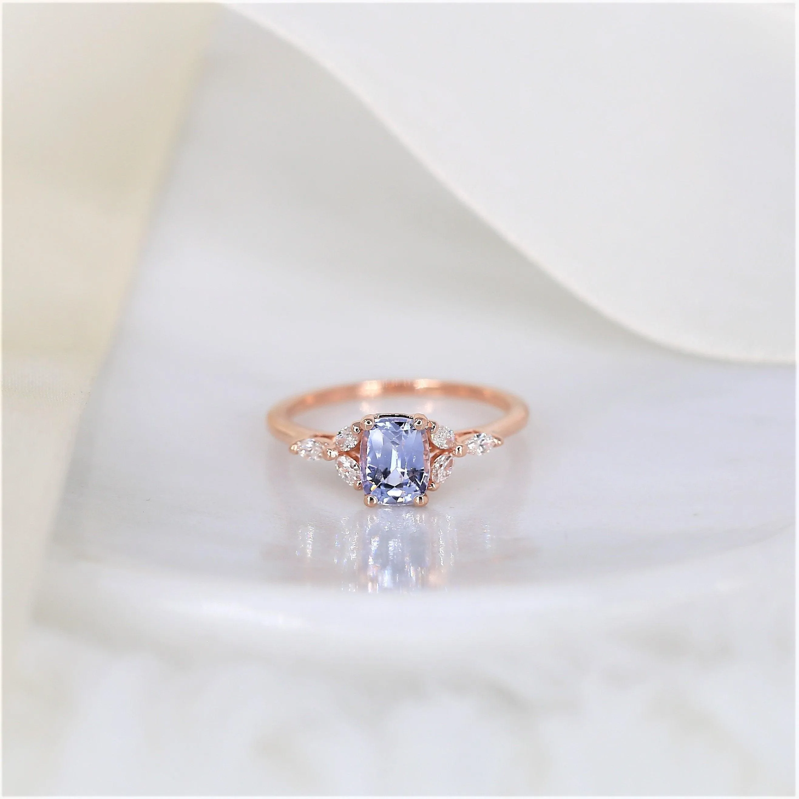 1.11ct Geneva 14kt Rose Gold Cornflower Lavender Sapphire Diamond 3 Stone Cushion Ring