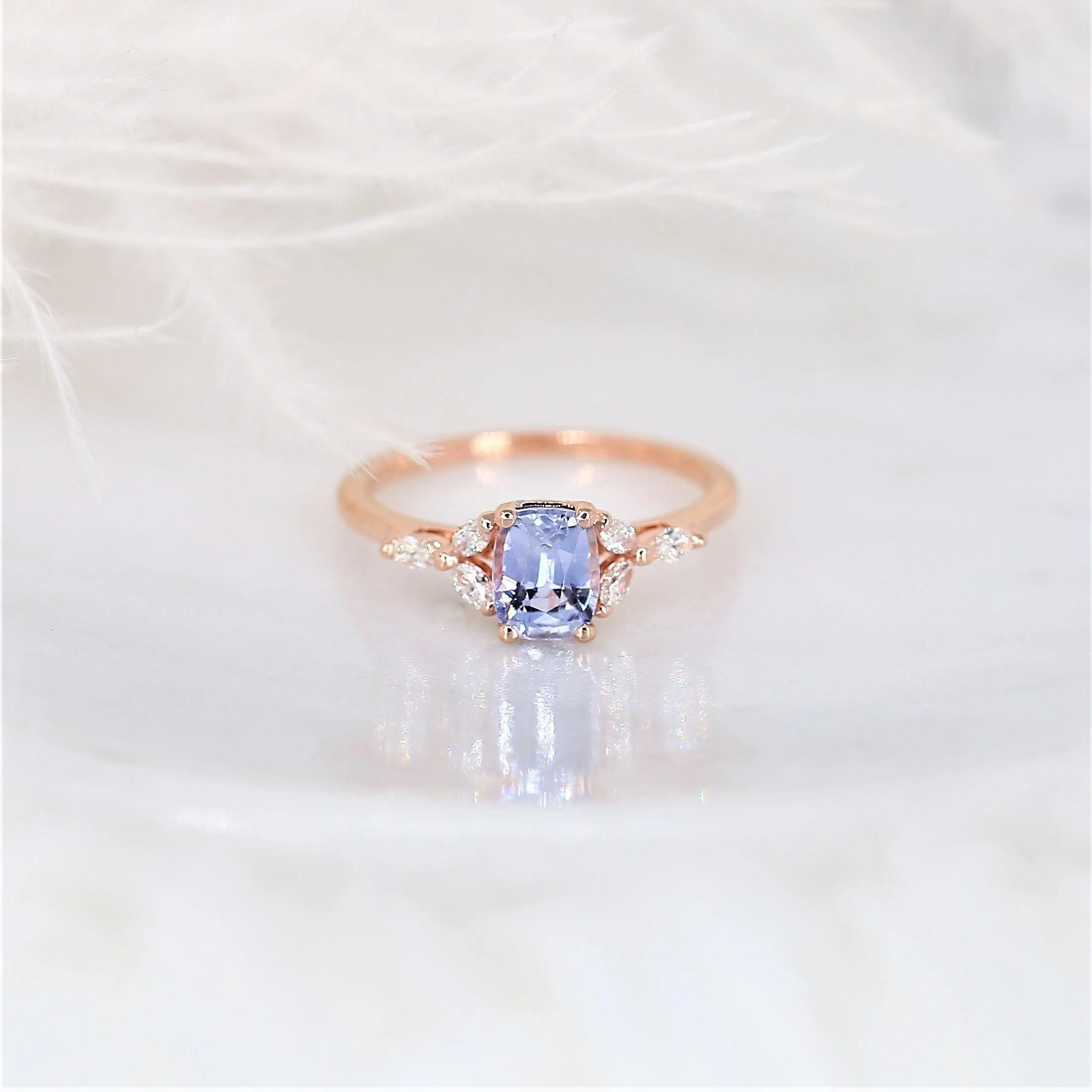 1.11ct Geneva 14kt Rose Gold Cornflower Lavender Sapphire Diamond 3 Stone Cushion Ring