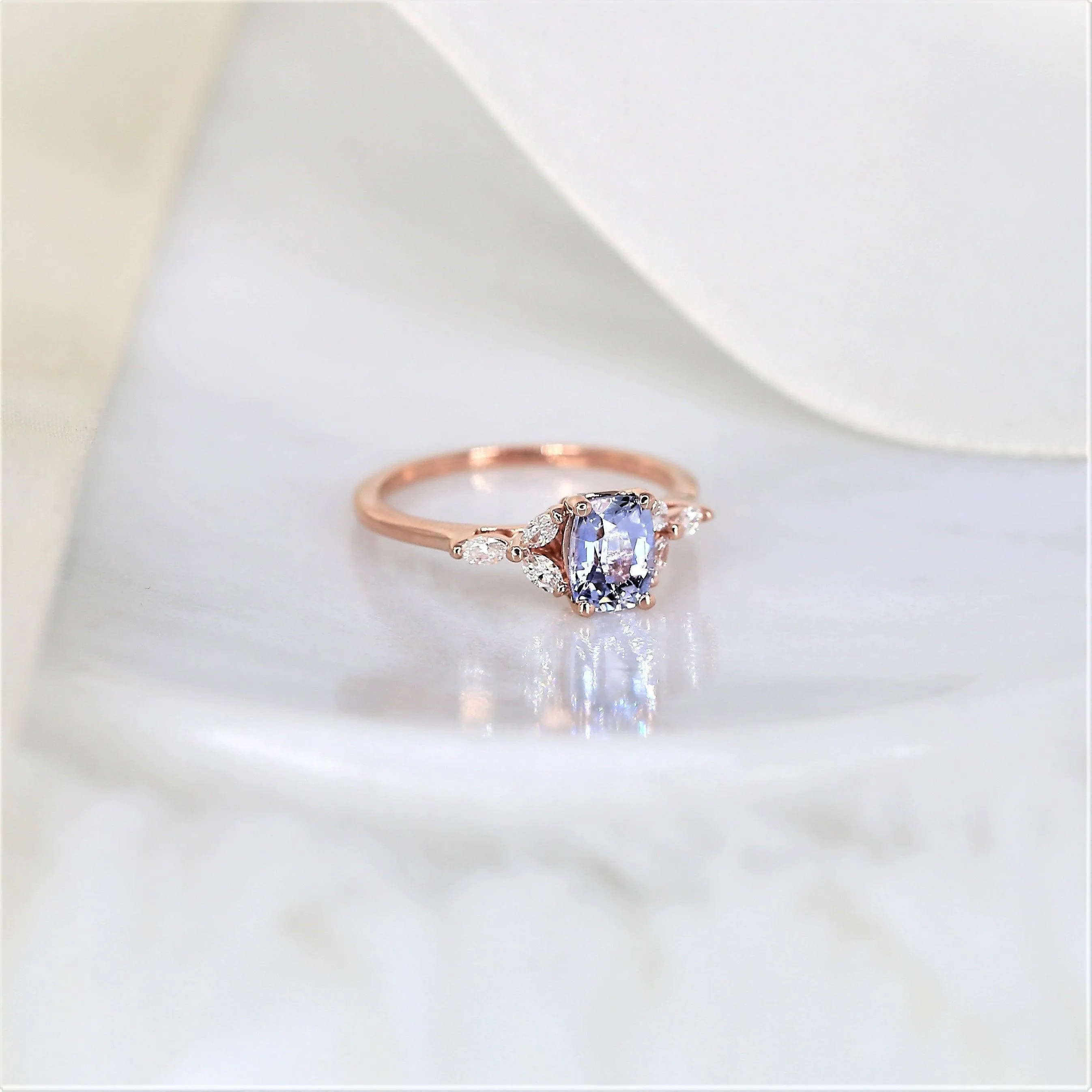 1.11ct Geneva 14kt Rose Gold Cornflower Lavender Sapphire Diamond 3 Stone Cushion Ring
